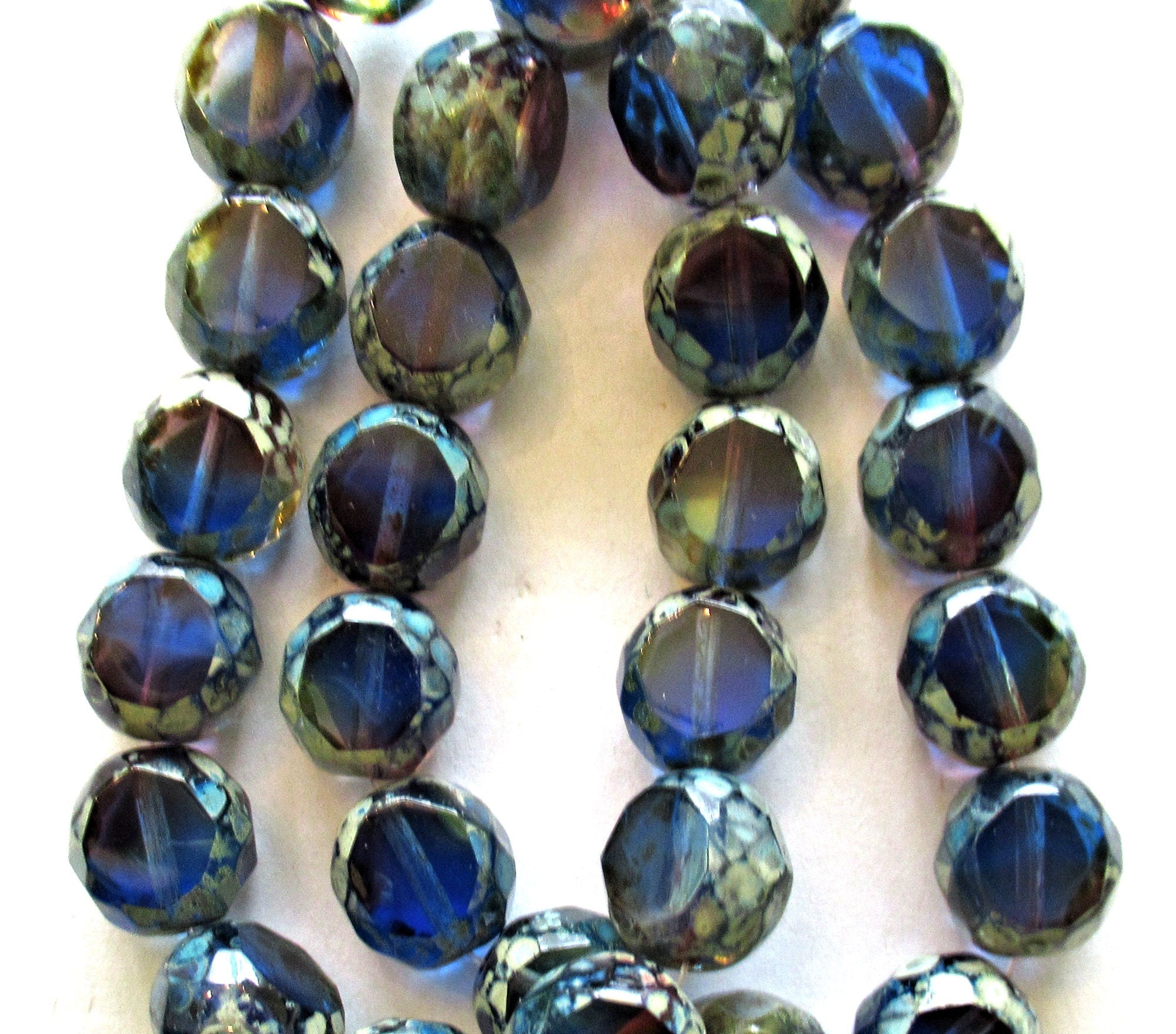 Six 12mm round faceted table cut Czech glass beads - blue & amethyst picasso mix - dual faceted window beads - chunky statement beads 00651