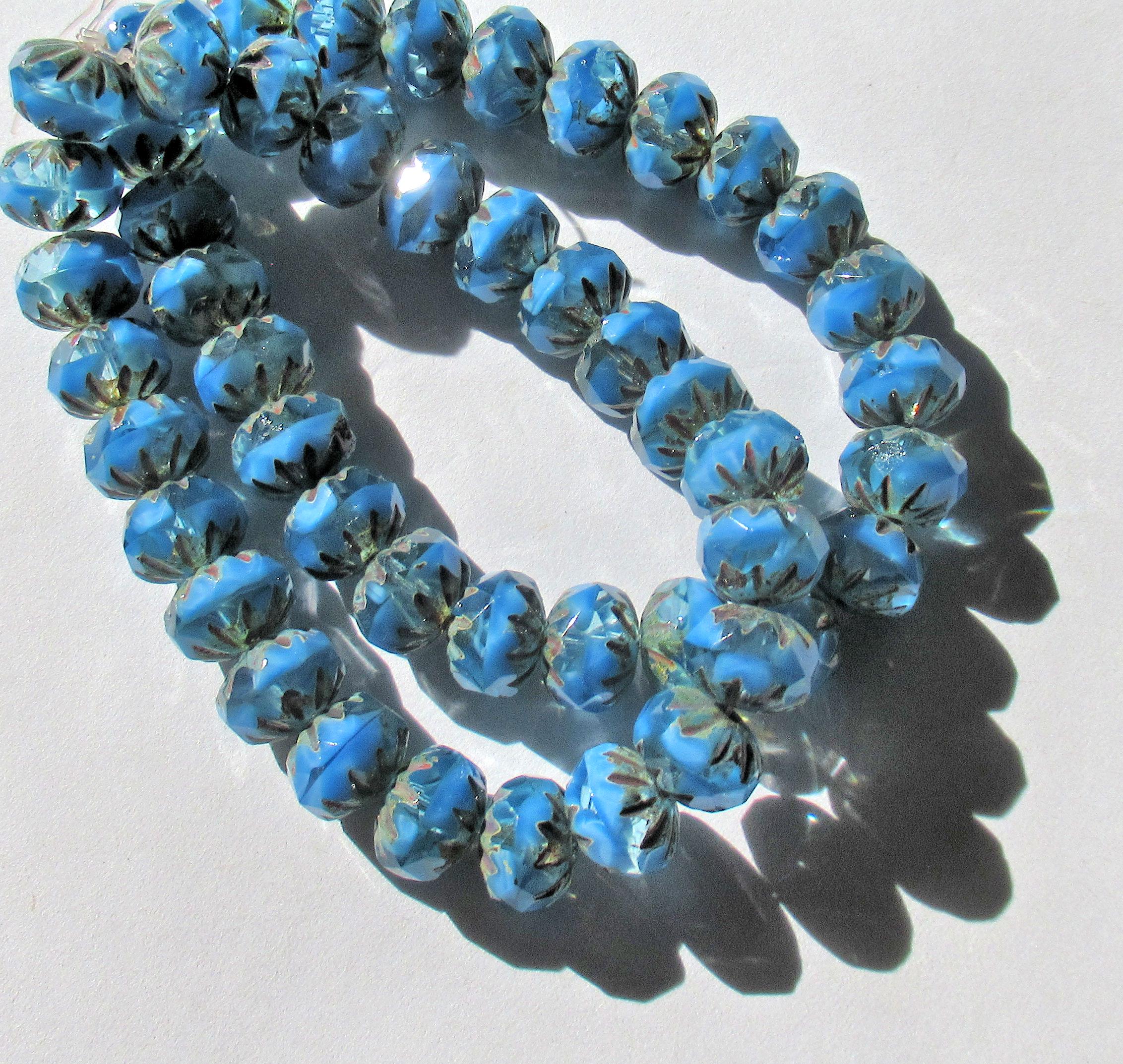 Ten Czech glass faceted carved cruller beads - 10 x 7mm - sky blue silk and crystal clear mix w/ picasso accents - 000451