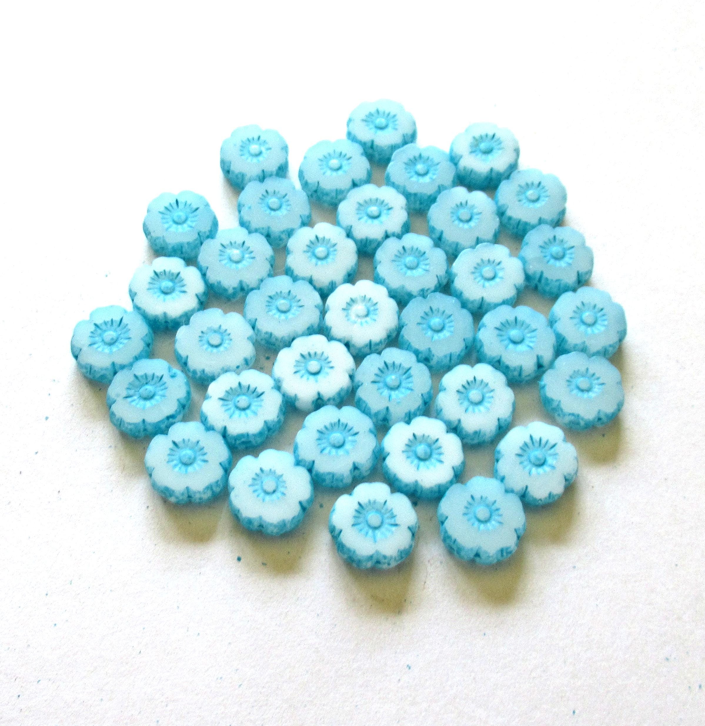 15 Czech glass flower beads - 8mm - milky white w/ a baby blue wash - table cut - carved - Hawaiian hibiscus flower beads C00541