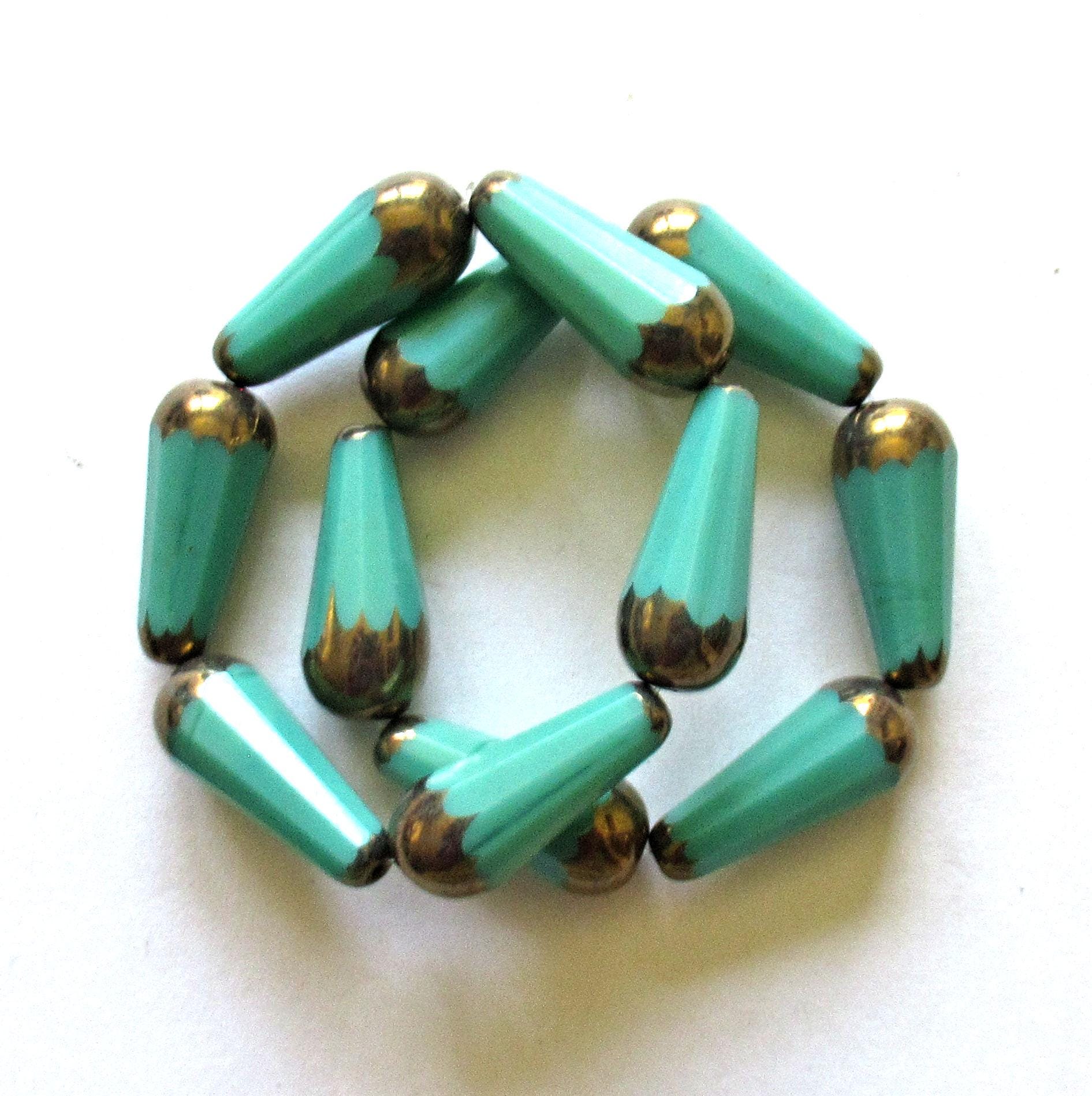 Six Czech glass long faceted teardrop beads - opaque turquoise green w/ gold picasso accents - 9 x 20mm - elongated tear drops - 00672