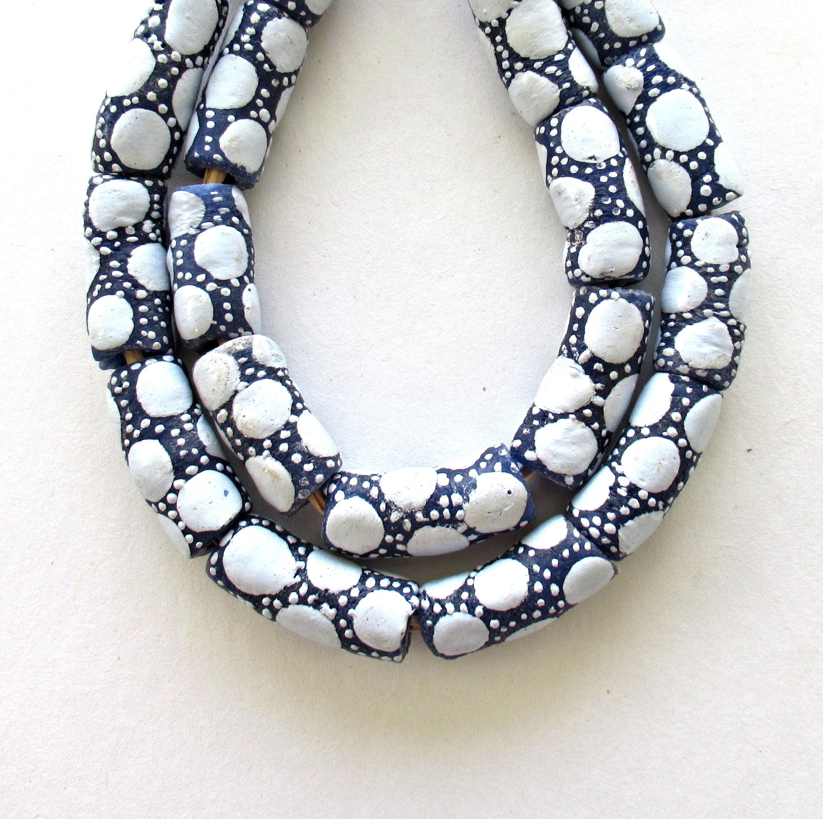 5 African Ghana glass curved tube beads - dark blue beads w/ light blue dots - 25 - 23mm by 9 - 11mm - big hole rustic beads - C00251