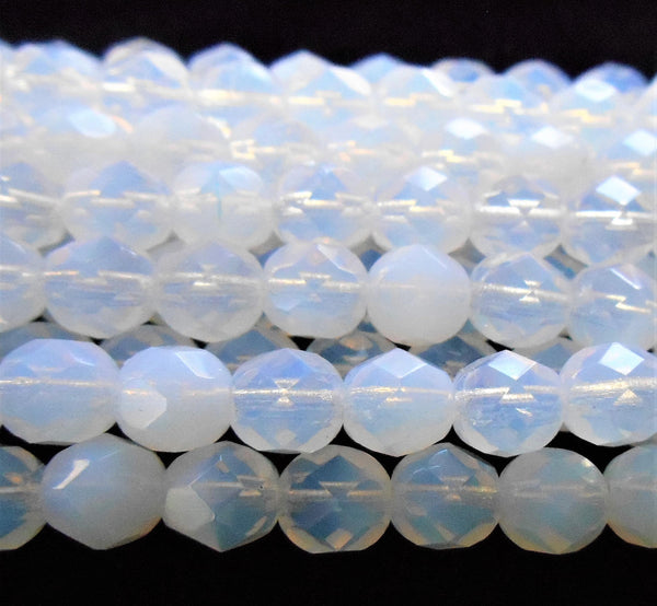 Lot of 25 6mm Milky White Czech glass beads, round firepoliched faceted white beads, C6401