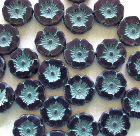 Czech glass flower beads - 12mm - purple opaline w/ a turquoise blue wash - Hawaiian hibiscus - table cut carved beads - 8 pieces - 00691