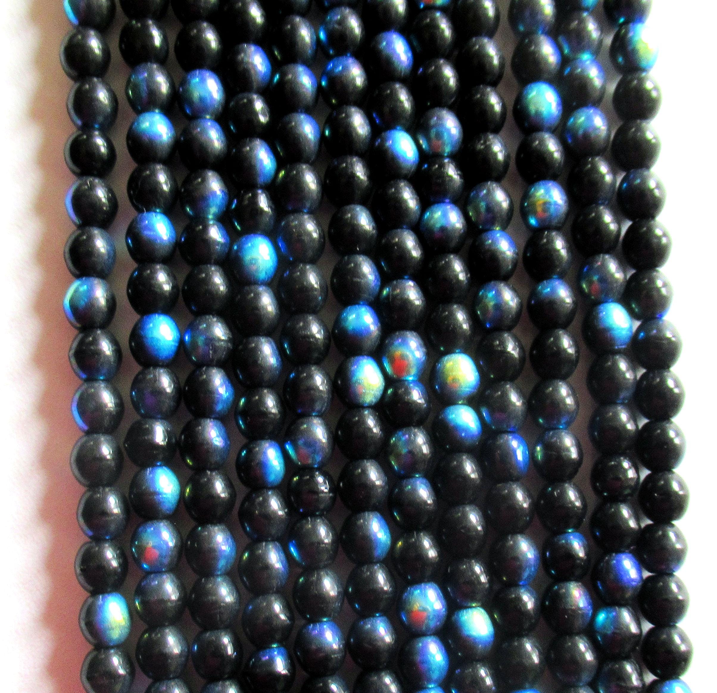 100 4mm Czech glass druks - jet black ab smooth round druk beads - C0036