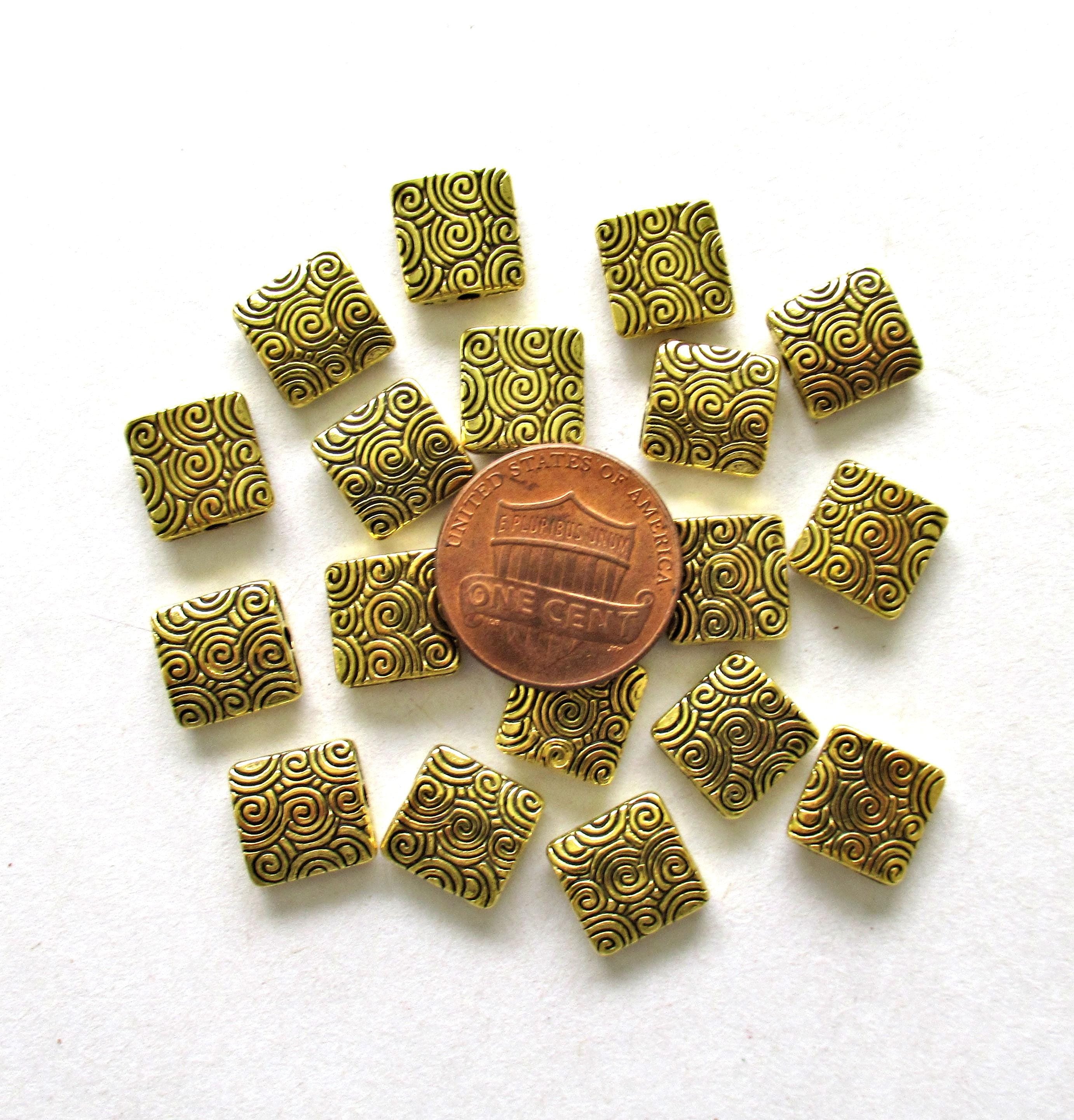 Antique Tibetan style gold tone metal alloy beads - 10 x 10mm - square big hole beads - 15 pieces - C0076