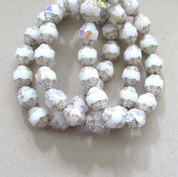 15 Czech glass mini antique style oval beads - 8 x 6mm white ab picasso beads - faceted fire polished cathedral beads - C00071