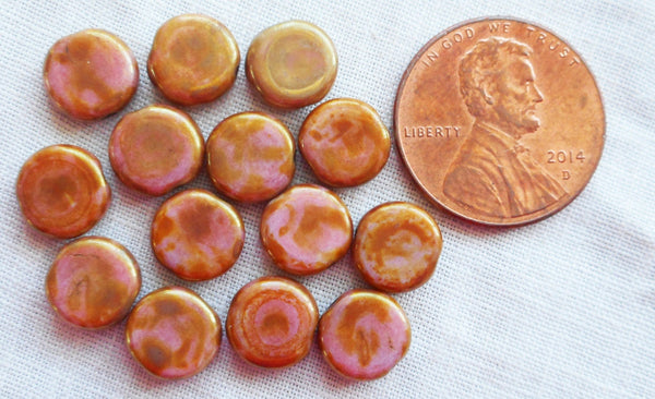 Lot of 25 8mm Czech glass flat round beads, opaque pink with a full picasso goldstone finish coin or disc beads 00141