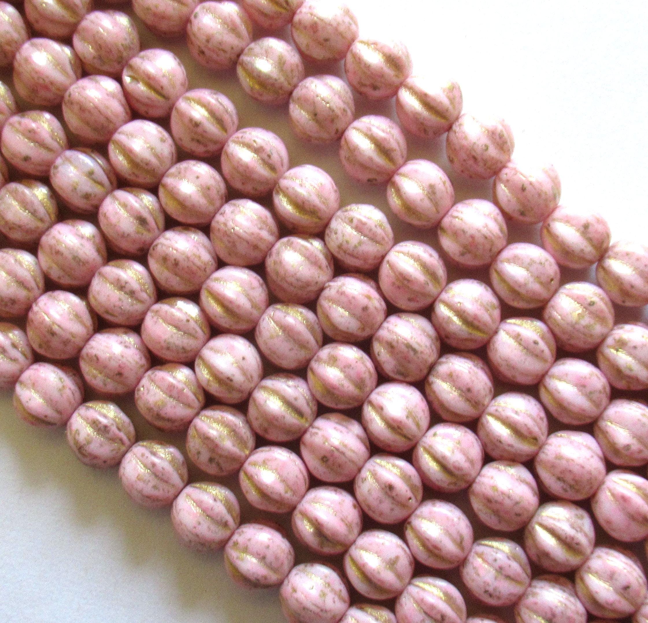 25 Czech glass melon beads - 6mm - opaque light pink with gold accents - C0901