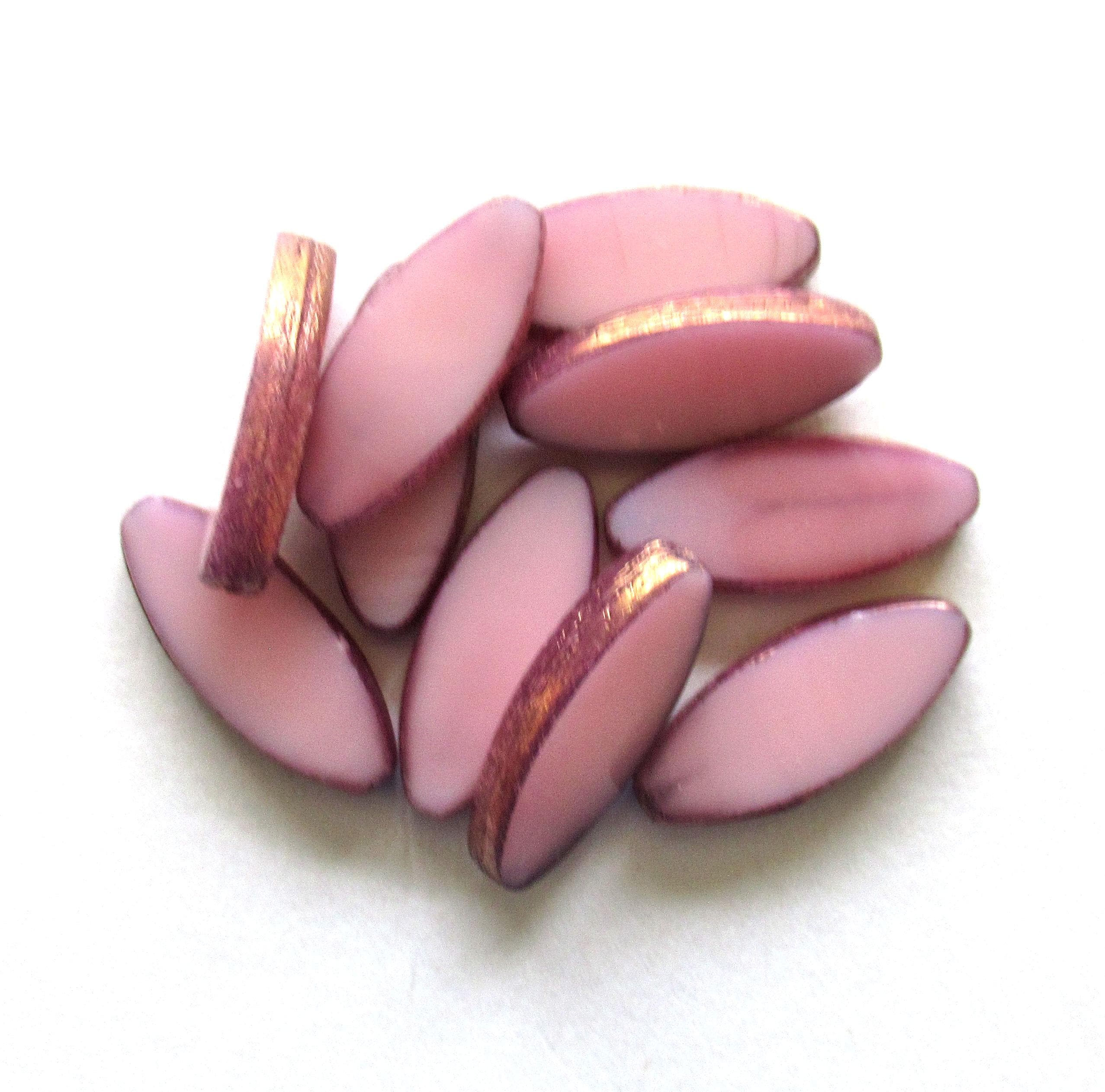 Ten large Czech glass spindle beads - opaque pink w/ purple bronze picasso accents - 20 x 9mm - table cut almond shaped oval beads - C00552