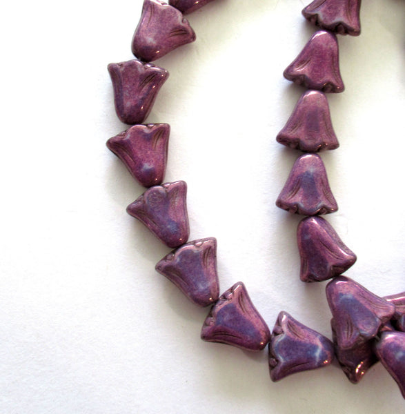 15 Czech glass flower beads - 10 x 10mm opaque purple beads with a luster finish - lily flower beads - 00601