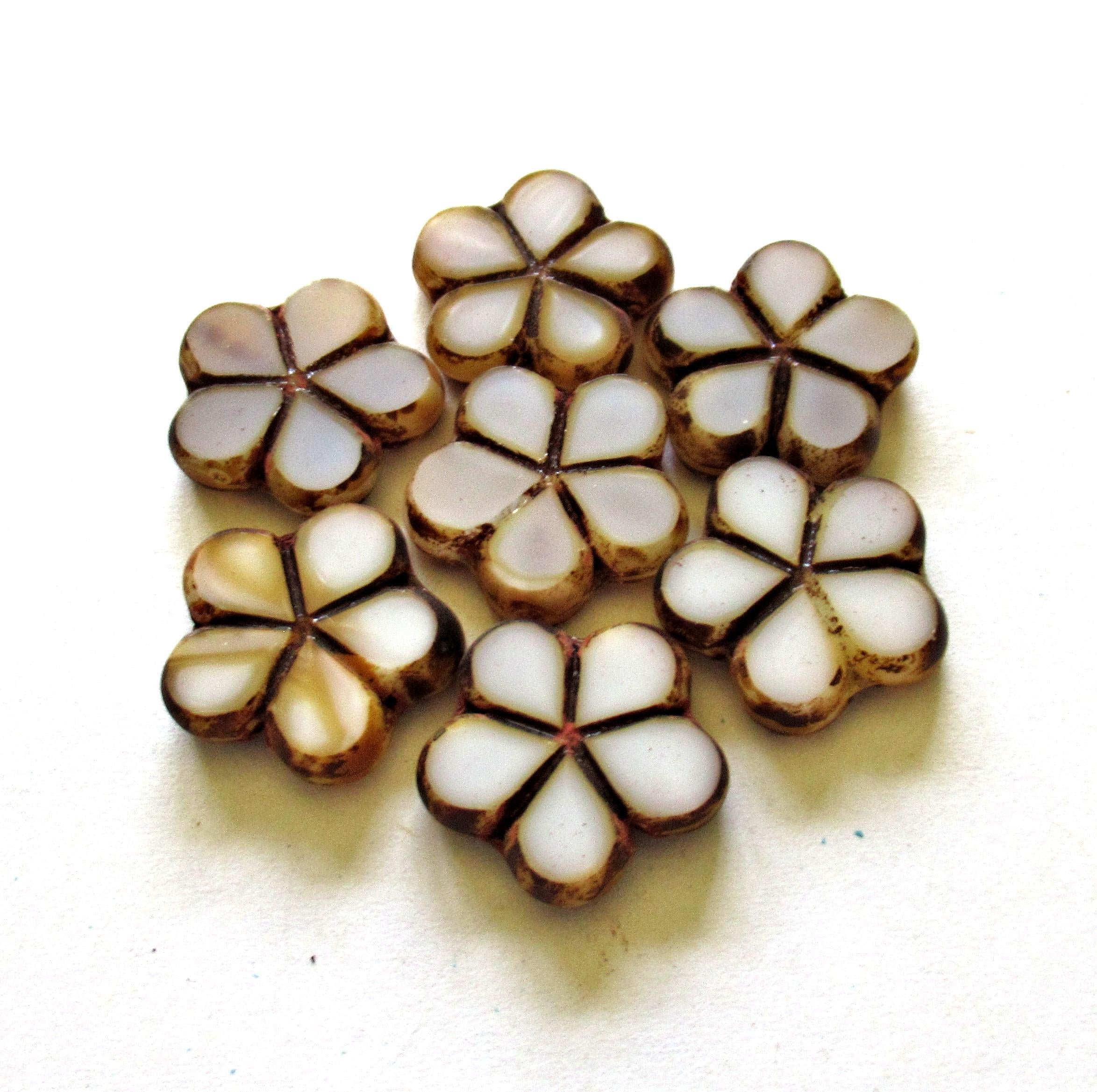 five large Czech glass flower beads - 17mm - white picasso table cut & carved beads - C00722