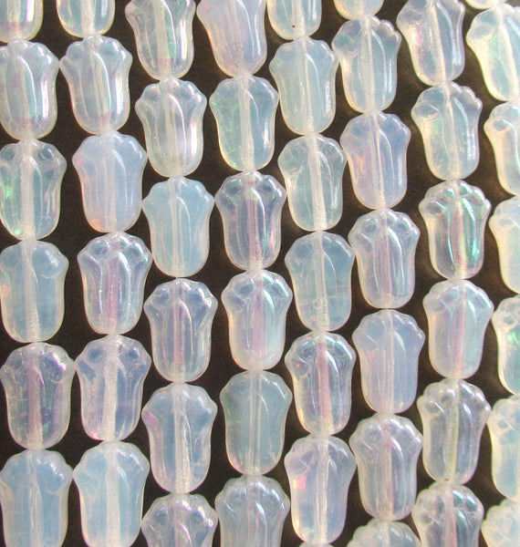 25 Czech glass tulip flower beads - milky white ab - 12 x 8mm - translucent white opal - pressed glass beads - C00088