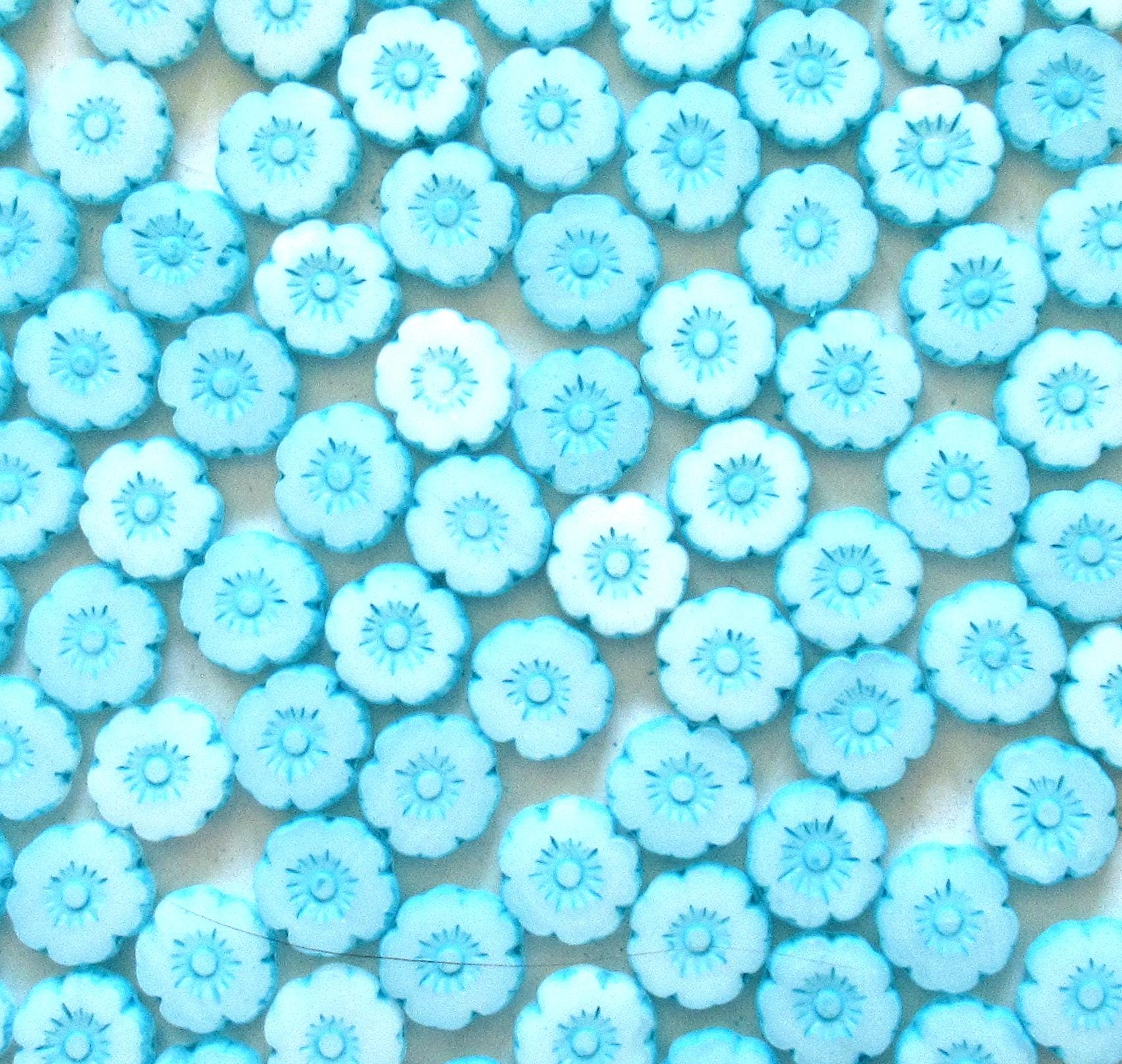 15 Czech glass flower beads - 8mm - milky white w/ a baby blue wash - table cut - carved - Hawaiian hibiscus flower beads C00541