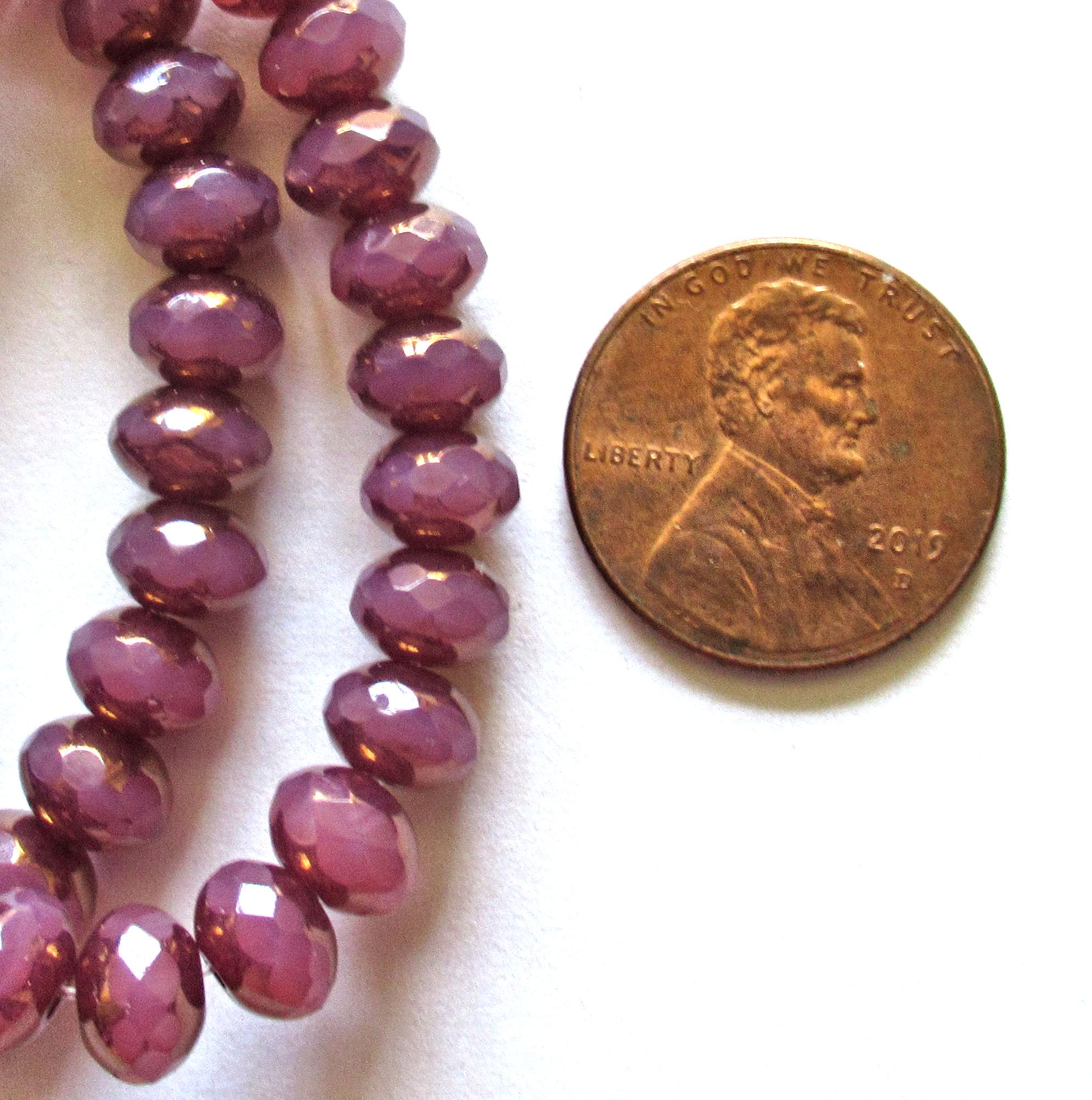 25 Czech glass faceted puffy rondelle beads - 5 x 7mm milky pink opal w/ gold accents - C00892