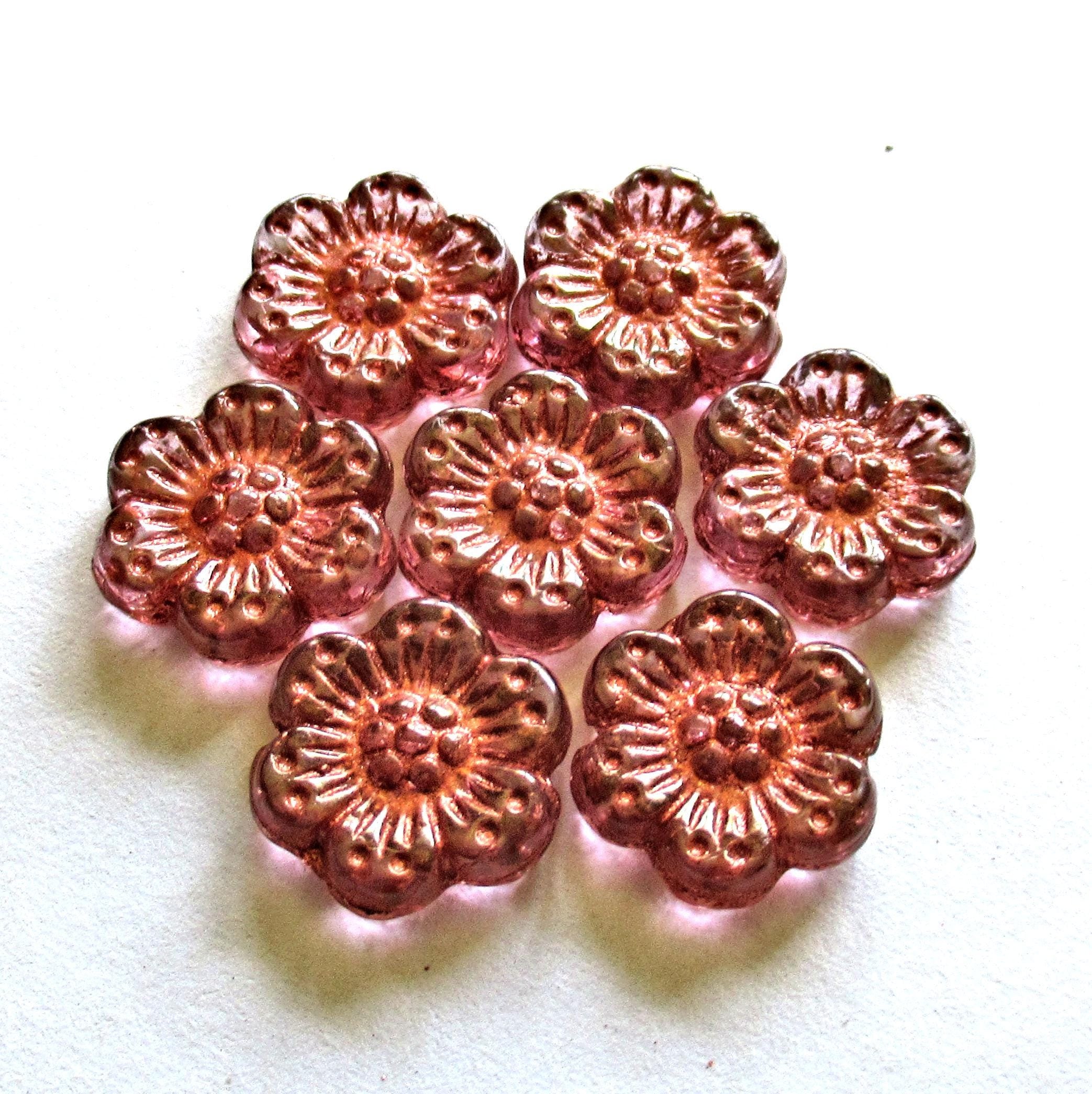 Ten Czech glass wild rose flower beads - 14mm - translucent pink with an antique copper wash- C00131