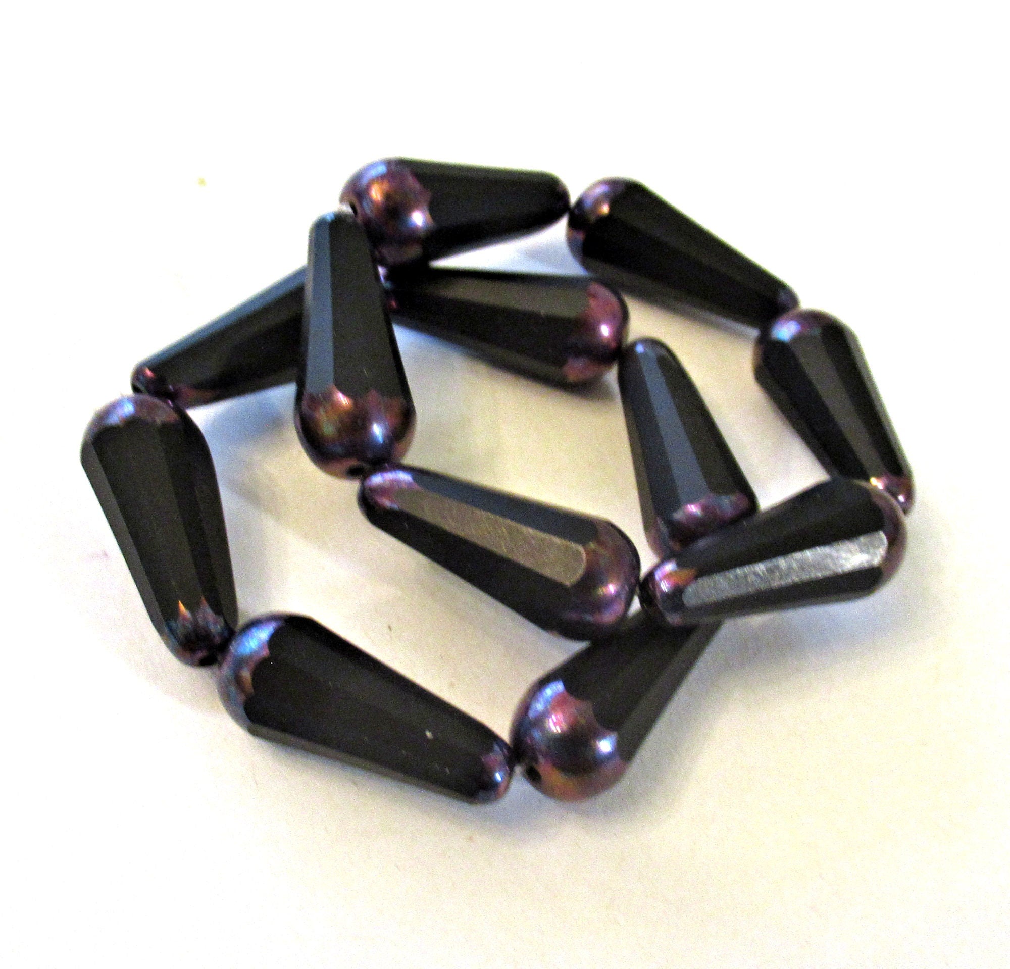 Six Czech glass long faceted teardrop beads - opaque jet black w/ purple bronze ab accents - 9 x 20mm elongated tear drops 00391