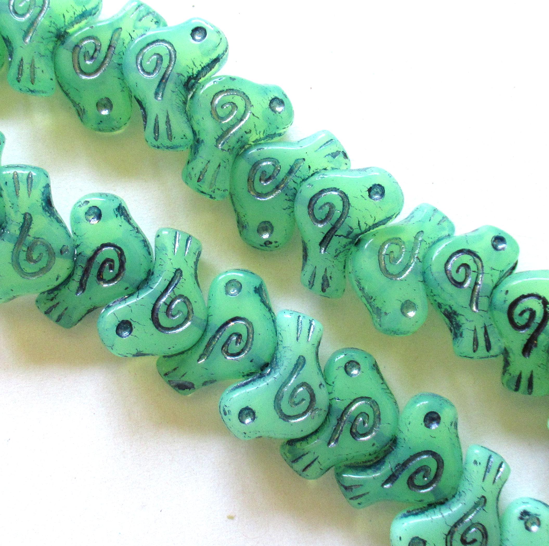 8 Czech glass bird beads - 12 x 16mm - translucent green opal with a blue wash - Vaseline / uranium glass beads C0621