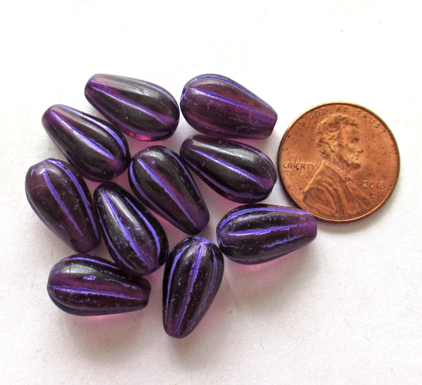 Ten Czech glass teardrop melon beads - amethyst w/ bright purple accents - 15 x 8mm tear drops 00302