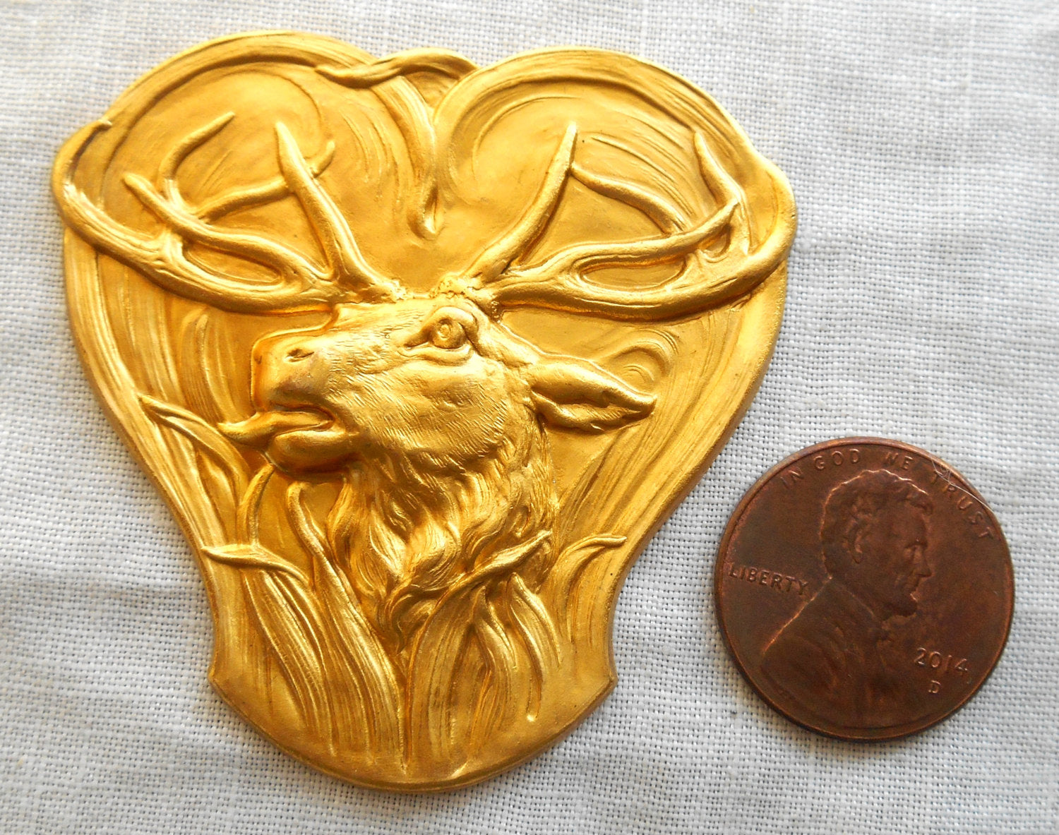 1 large raw brass stamping, Victorian, Arts & Crafts deer, buck, antlers, pendant, connector, ornament, 51mm USA made C11101