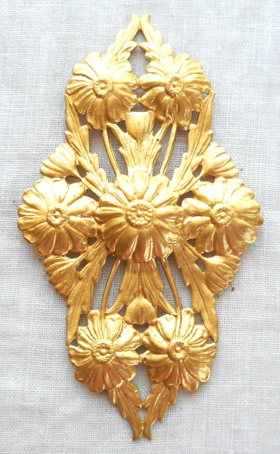 1 large raw brass Art Nouveau, Deco, Victorian Floral Filigree Dapt Connector, Pendant, stamping, ornament 80mm x 40mm made in the USA C5901 - Glorious Glass Beads