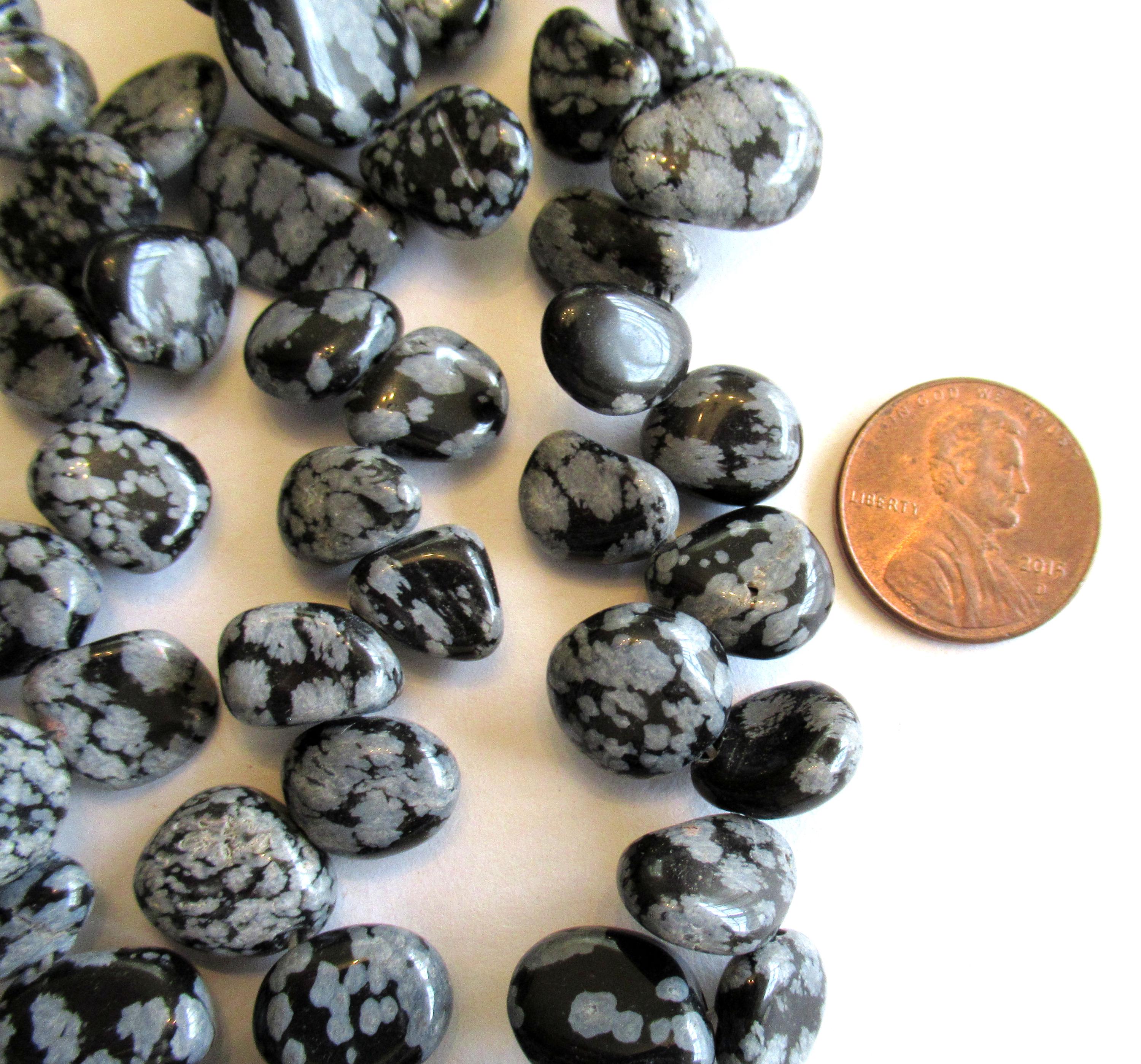 Snowflake Obsidian irregular pebble nugget beads - semiprecious black & white stone beads - approx 58 beads - 8 to 15mm - 15.5 inch strand