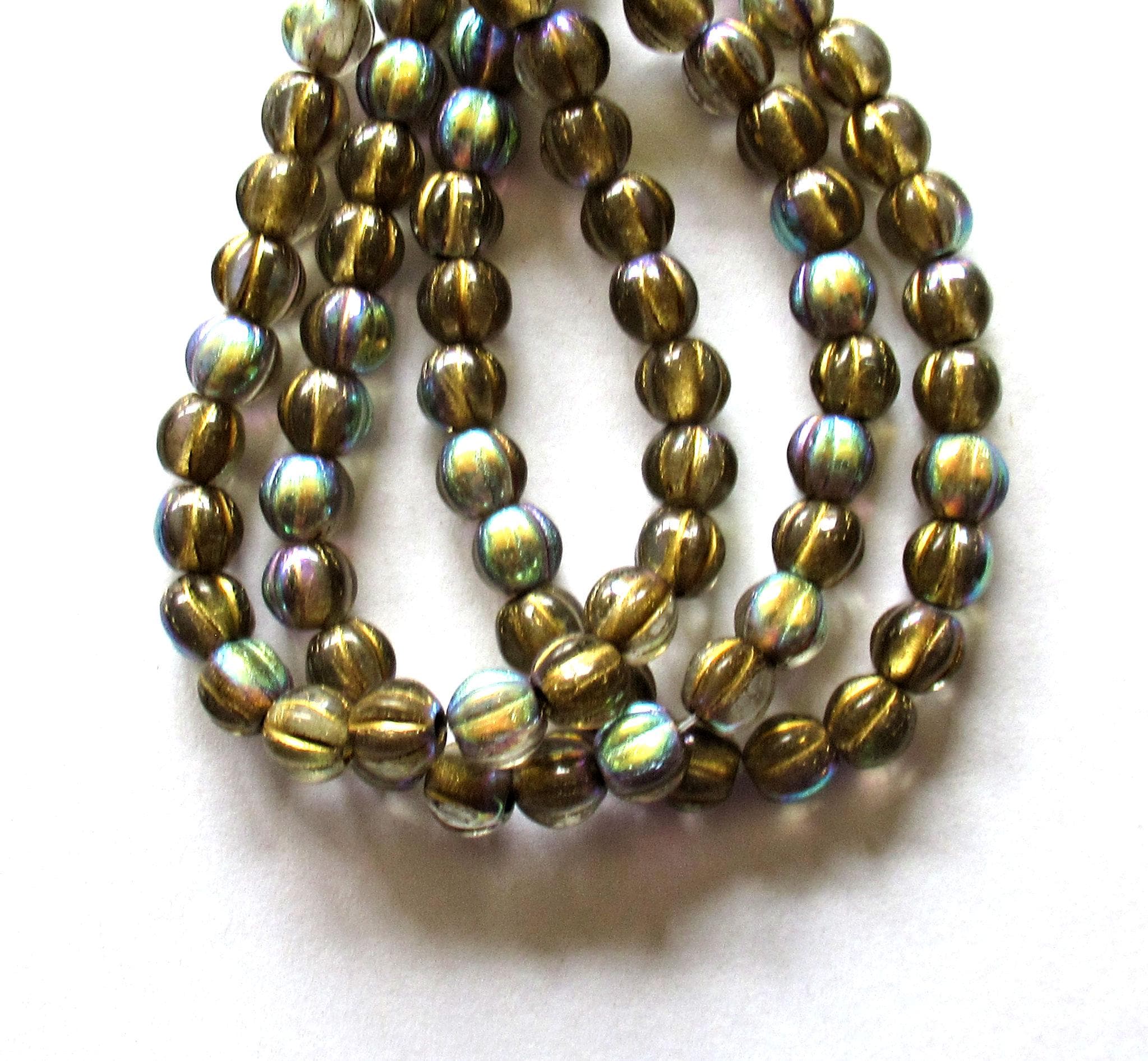 25 6mm Czech glass big hole melon beads - 6mm - gold lined clear with a gold wash and AB finish - C0089