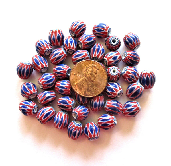Lot of 15 blue, white and red striped glass chevron Beads - approx 9 x 8.5mm oval beads - rustic earthy beads made in India C0025