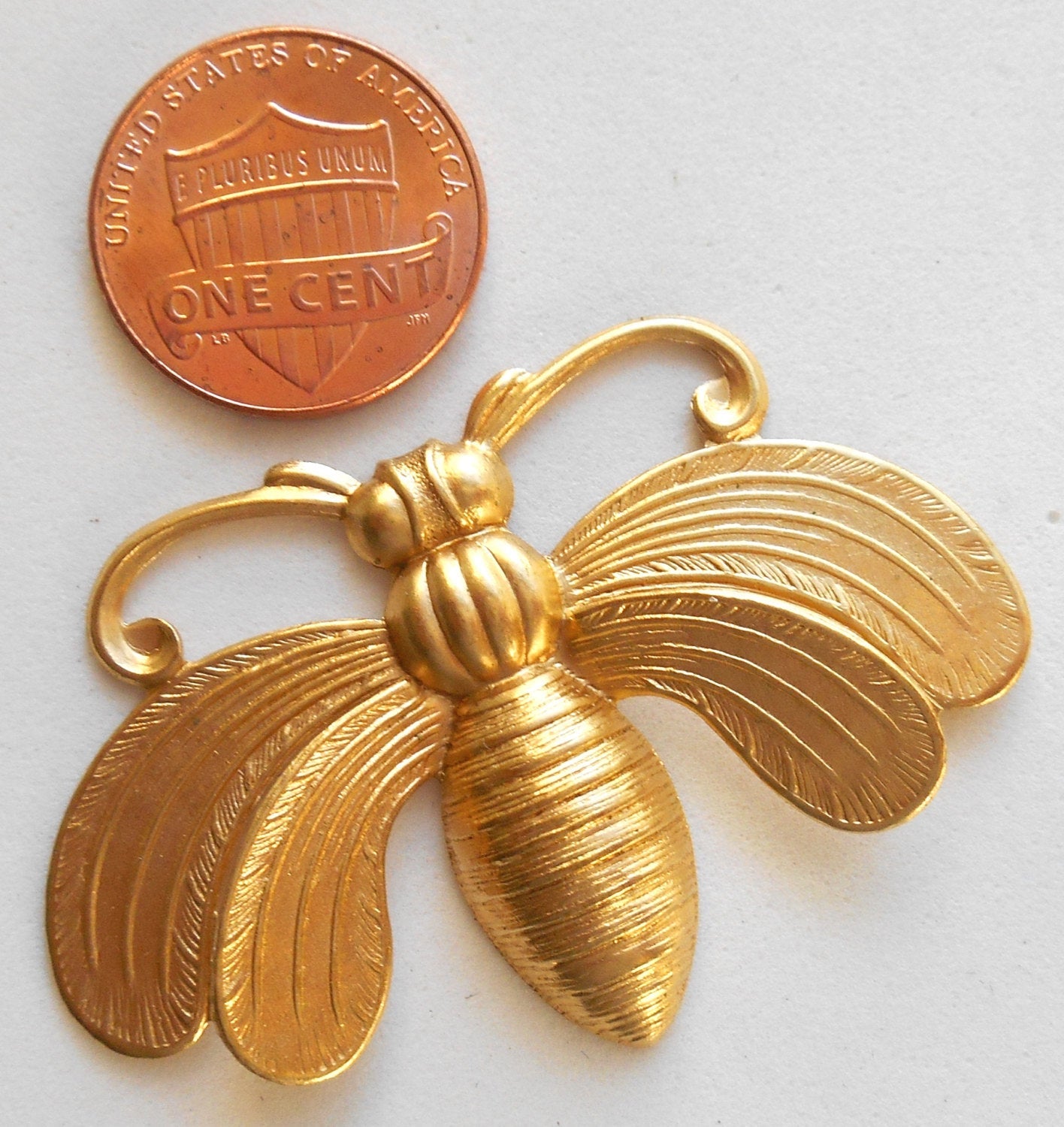 Large Raw Brass Stamping Moth, Bee, Bug, Insect Charm, Pendant, Component, Connector 49 x 34mm, made in the USA C4601 - Glorious Glass Beads
