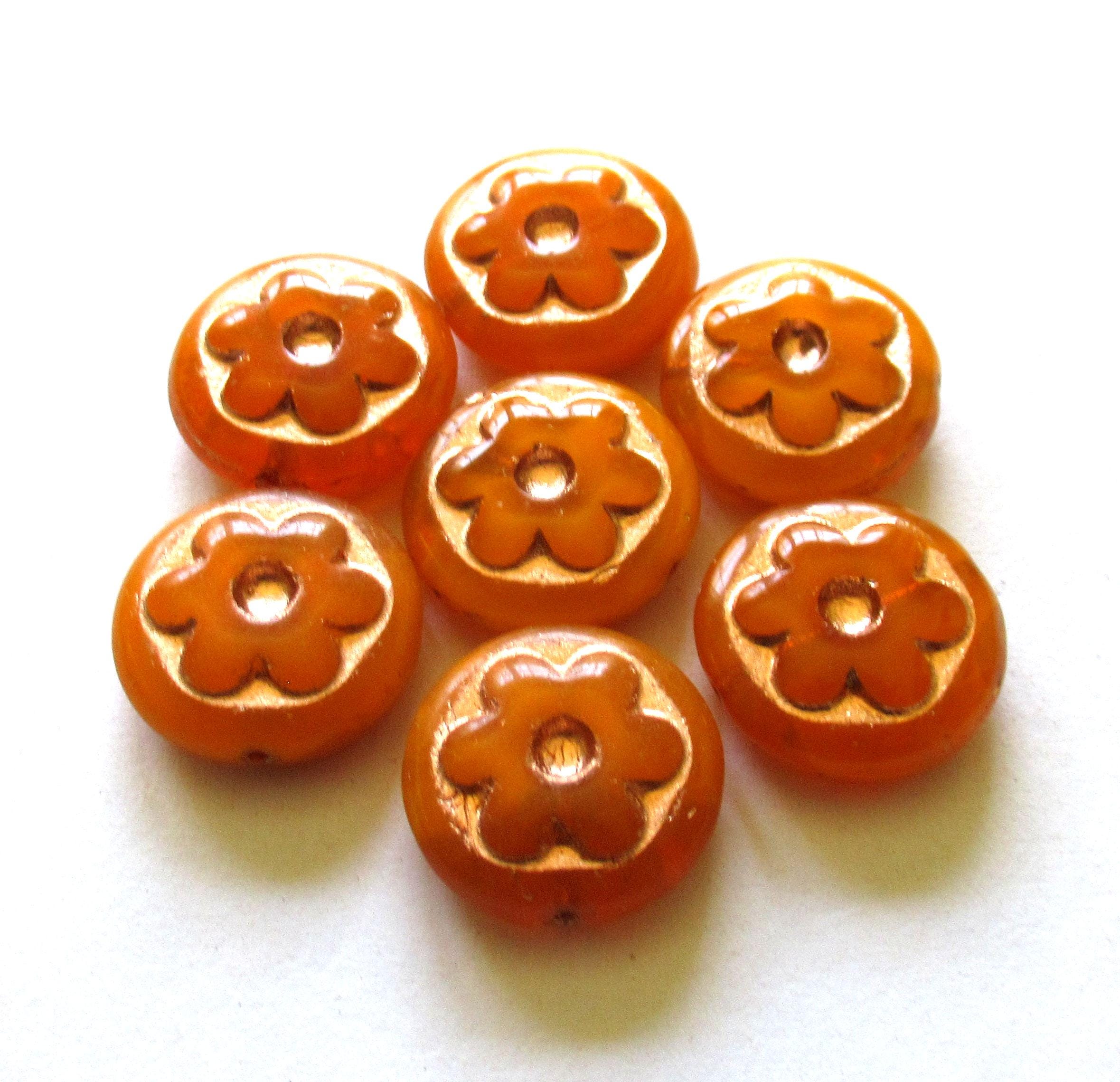 6 Czech glass flower coin beads - 17mm - orange opal w/ a copper wash - retro, groovy flower power beads - C00391