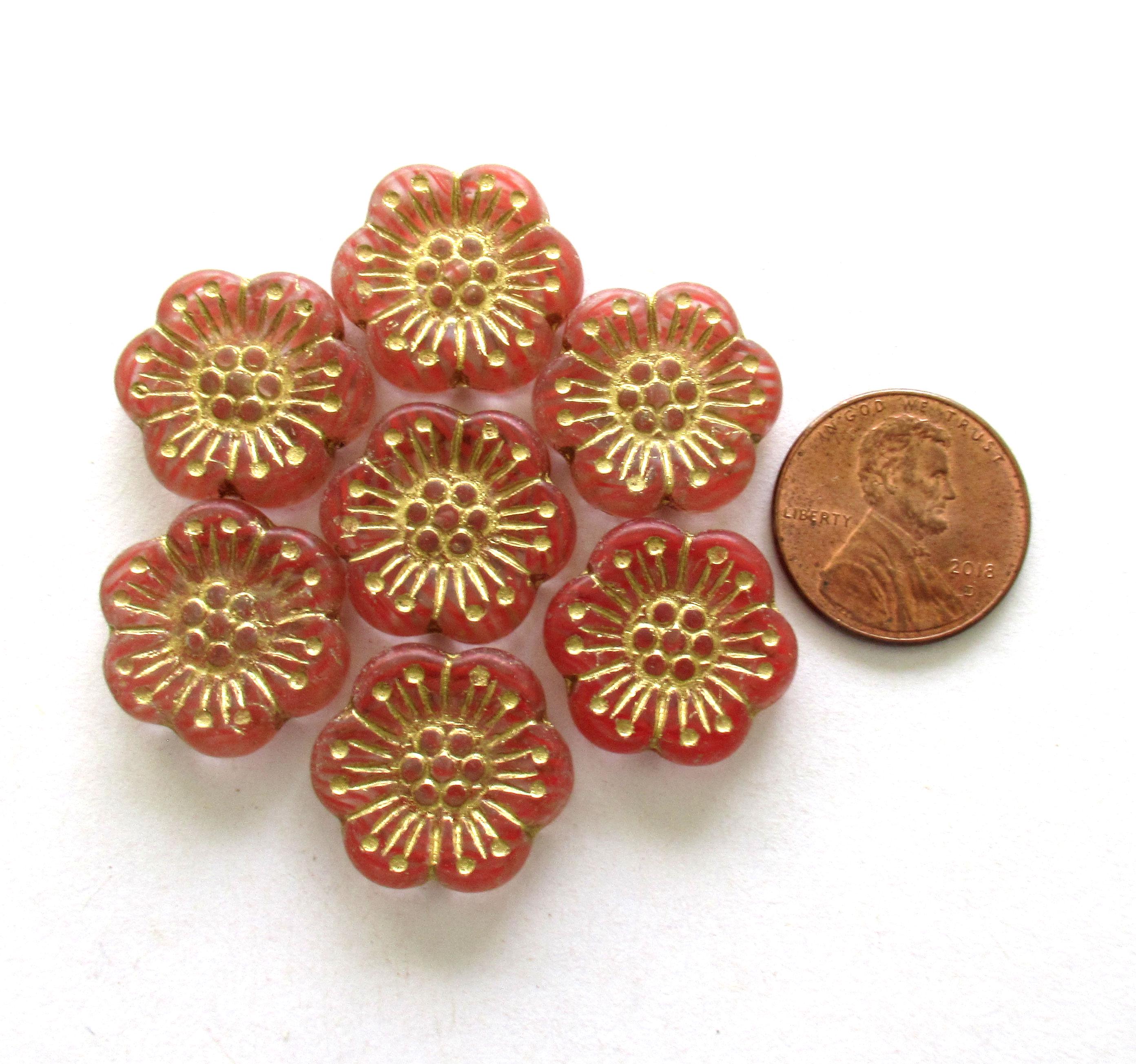 6 large Czech glass flower beads - translucent salmon pink beads with gold accents - 18mm - wild rose beads - 00421