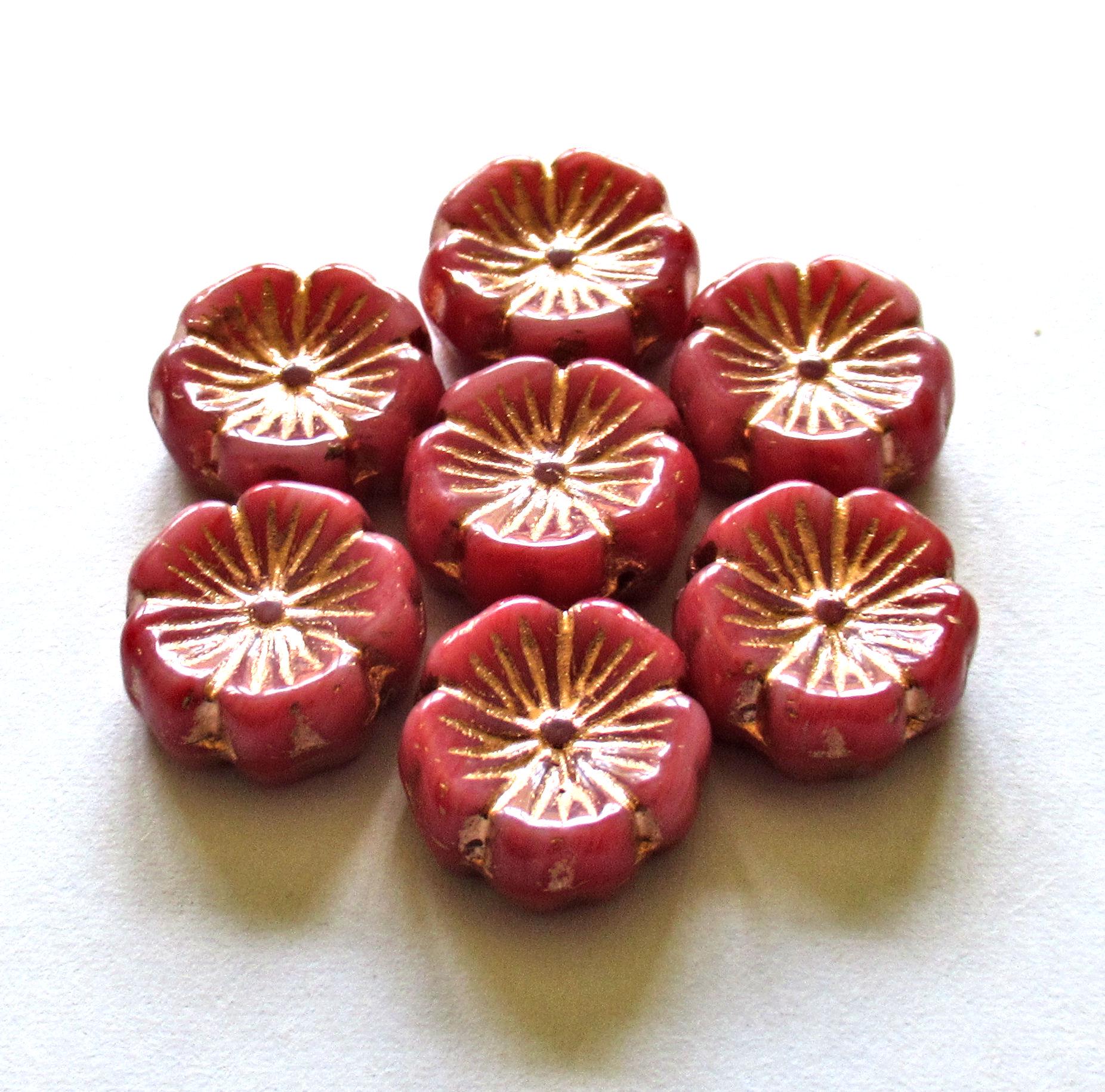 Six Czech glass flower beads - 14mm - light & dark pink mix w/ copper accents - Hawaiian hibiscus flower beads - C00061