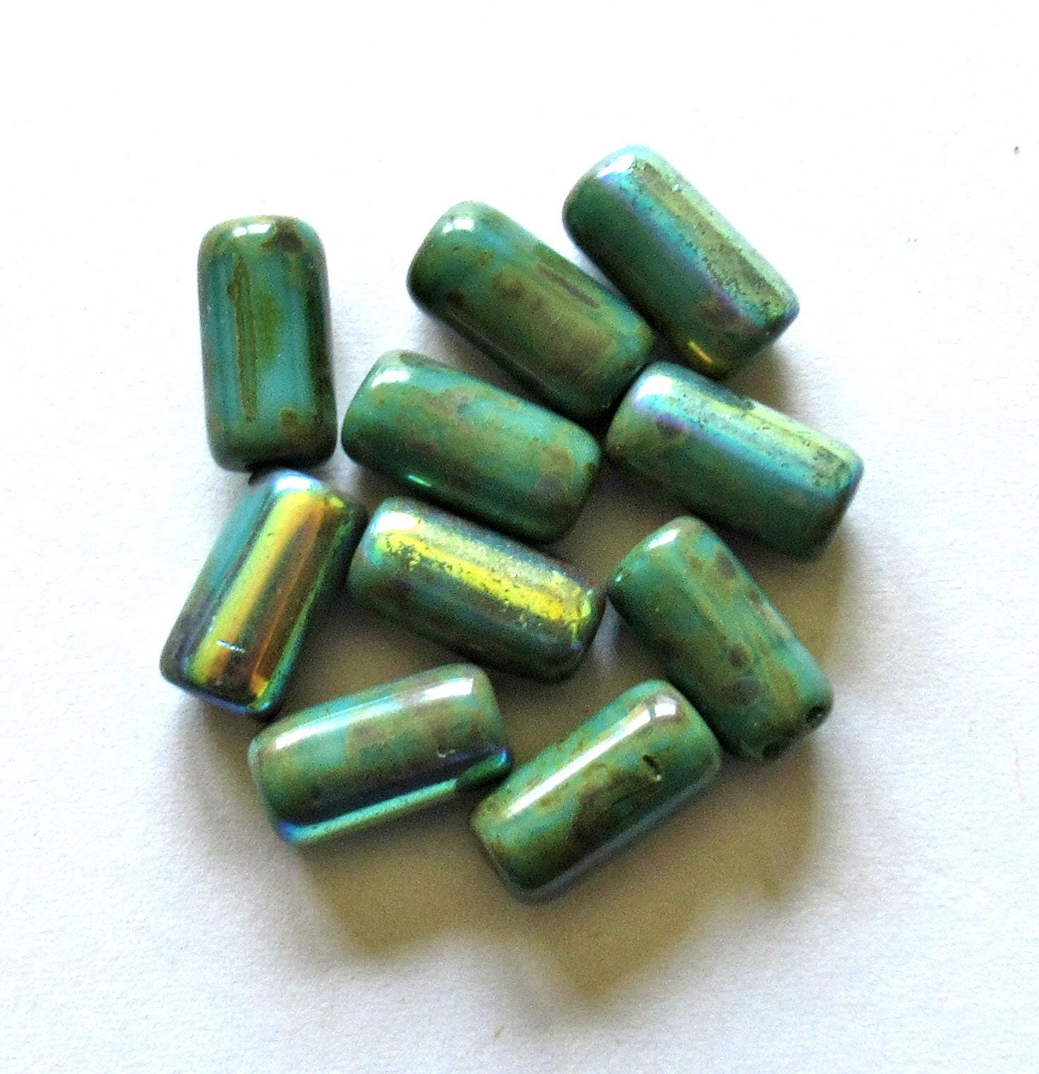 Ten Czech glass tube beads - turquoise green AB w/ picasso coat & big 2mm holes - 7 x 14mm - C00522