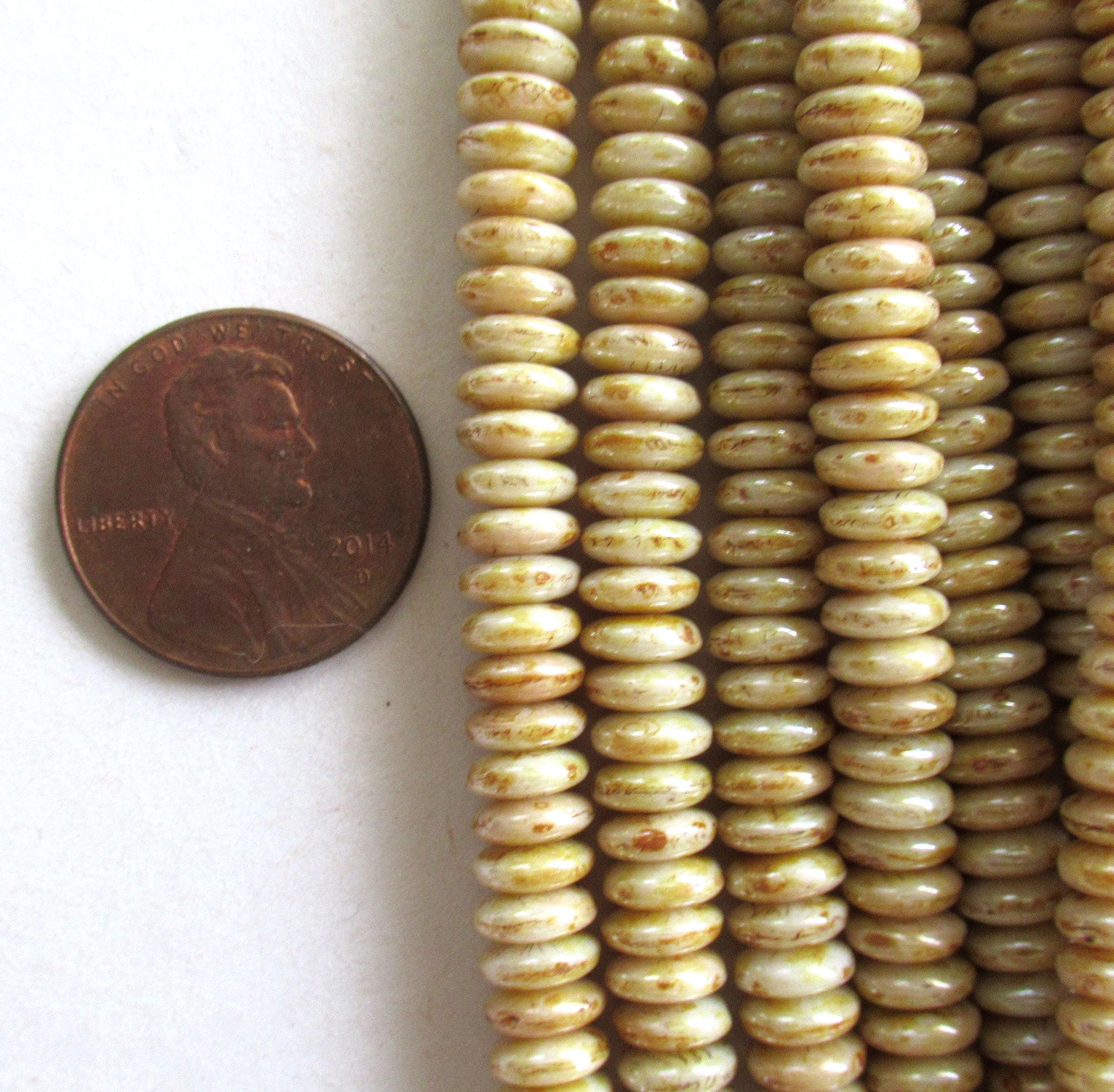 50 6mm Czech glass rondelle spacer beads - opaque off white luster with a picasso finish - flat spacers or rondelles - C0066