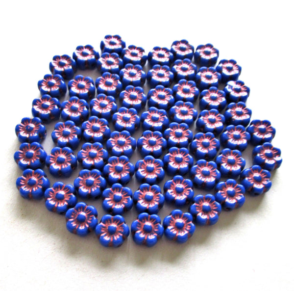 25 small Czech glass flower beads - 6mm - opaque royal blue beads with a metallic pink wash - pressed glass floral beads - C0068
