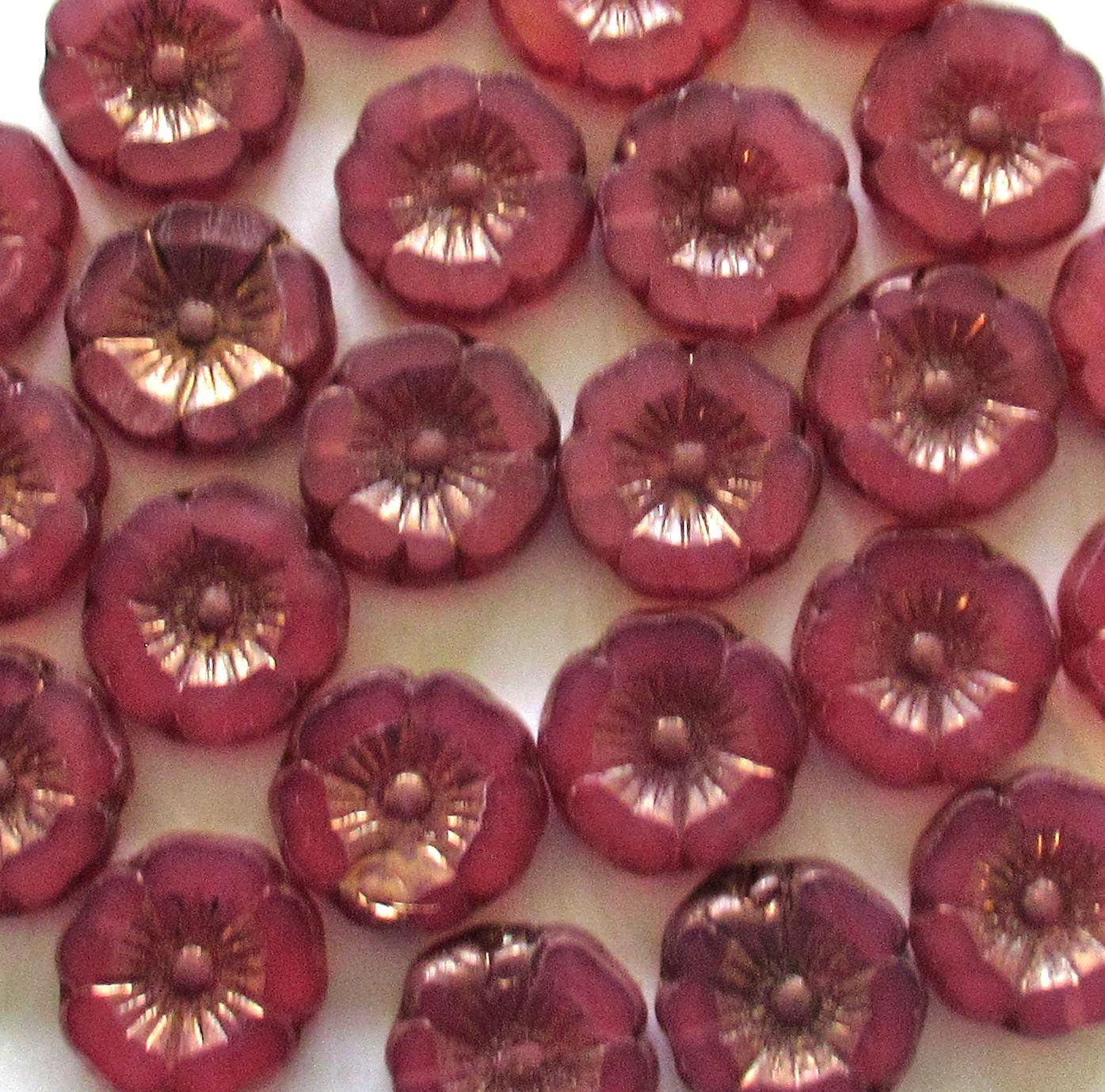 Czech glass flower beads - 12mm - translucent dark pink opal beads - table cut carved Hawaiian Hibiscus floral beads - 8 beads - C00072