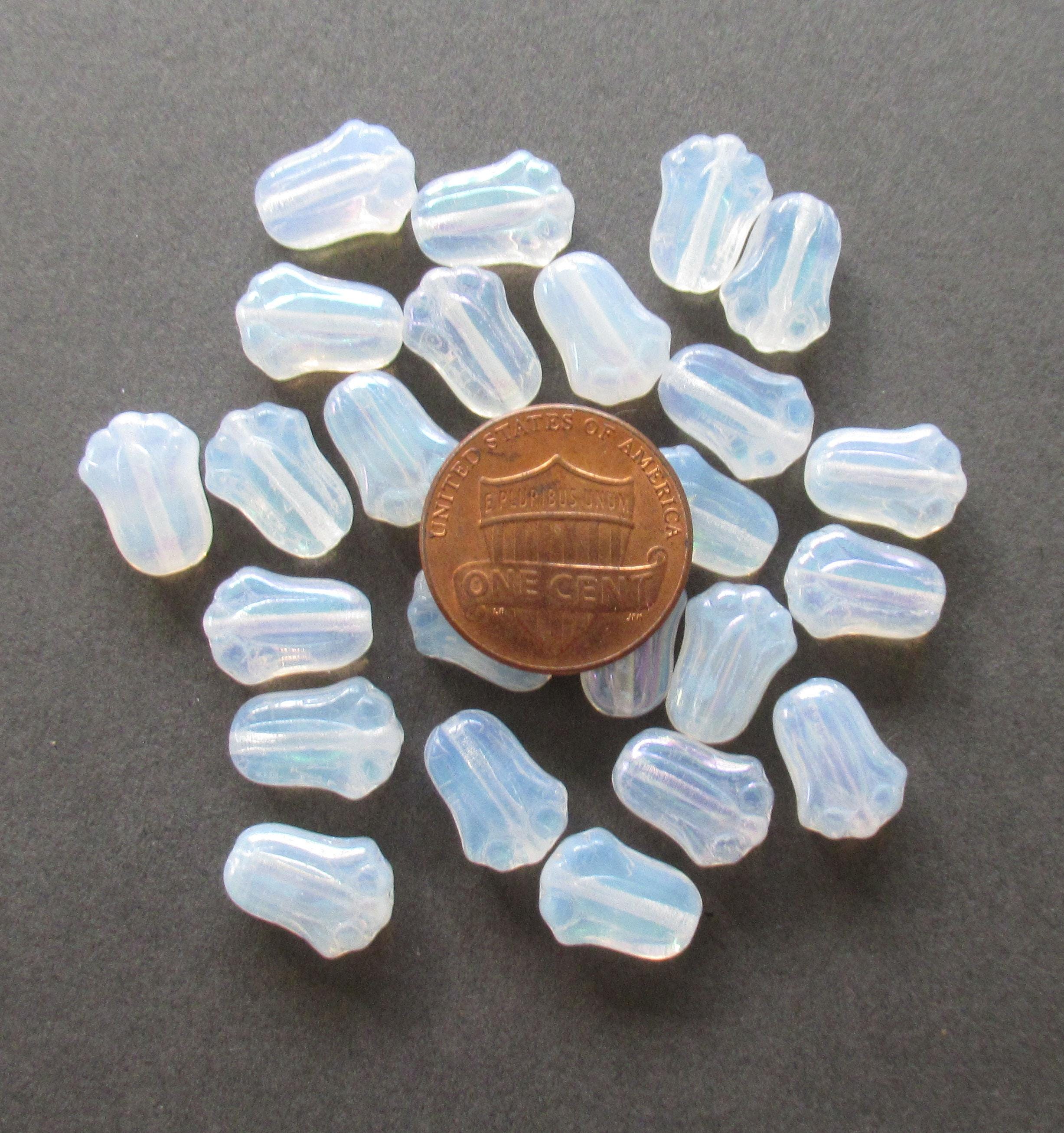 25 Czech glass tulip flower beads - milky white ab - 12 x 8mm - translucent white opal - pressed glass beads - C00088