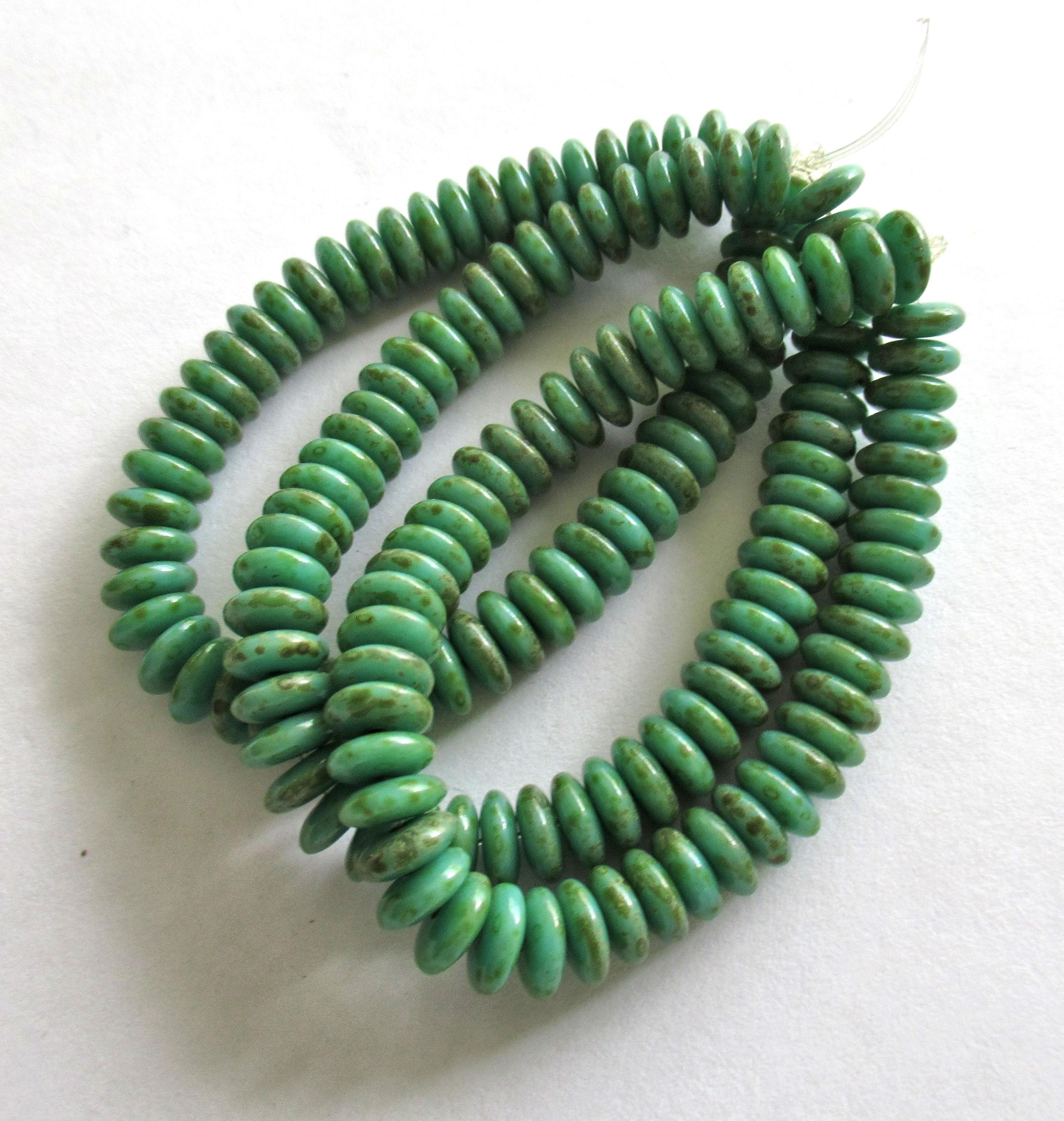 Fifty 6mm Czech glass rondelle spacer beads - turquoise green picasso - flat spacers or rondelles C00331