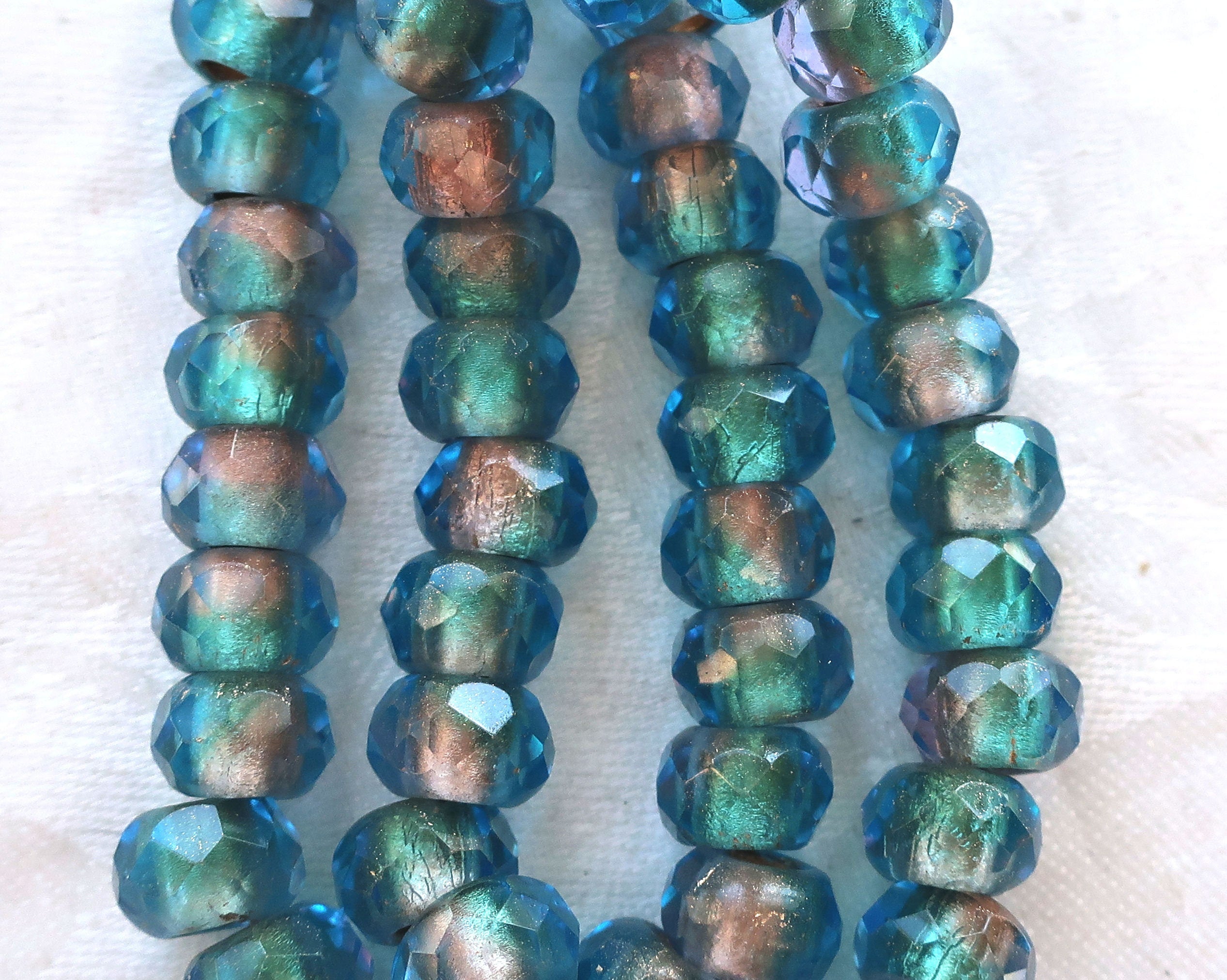 Five 12 x 8mm faceted Czech glass roller or rondelle beads - matte blue gold lined - big 5mm holes, big hole focal beads 00501