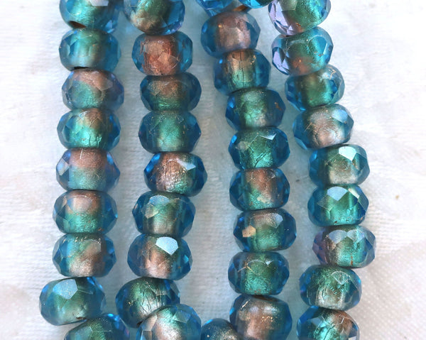 Five 12 x 8mm faceted Czech glass roller or rondelle beads - matte blue gold lined - big 5mm holes, big hole focal beads 00501
