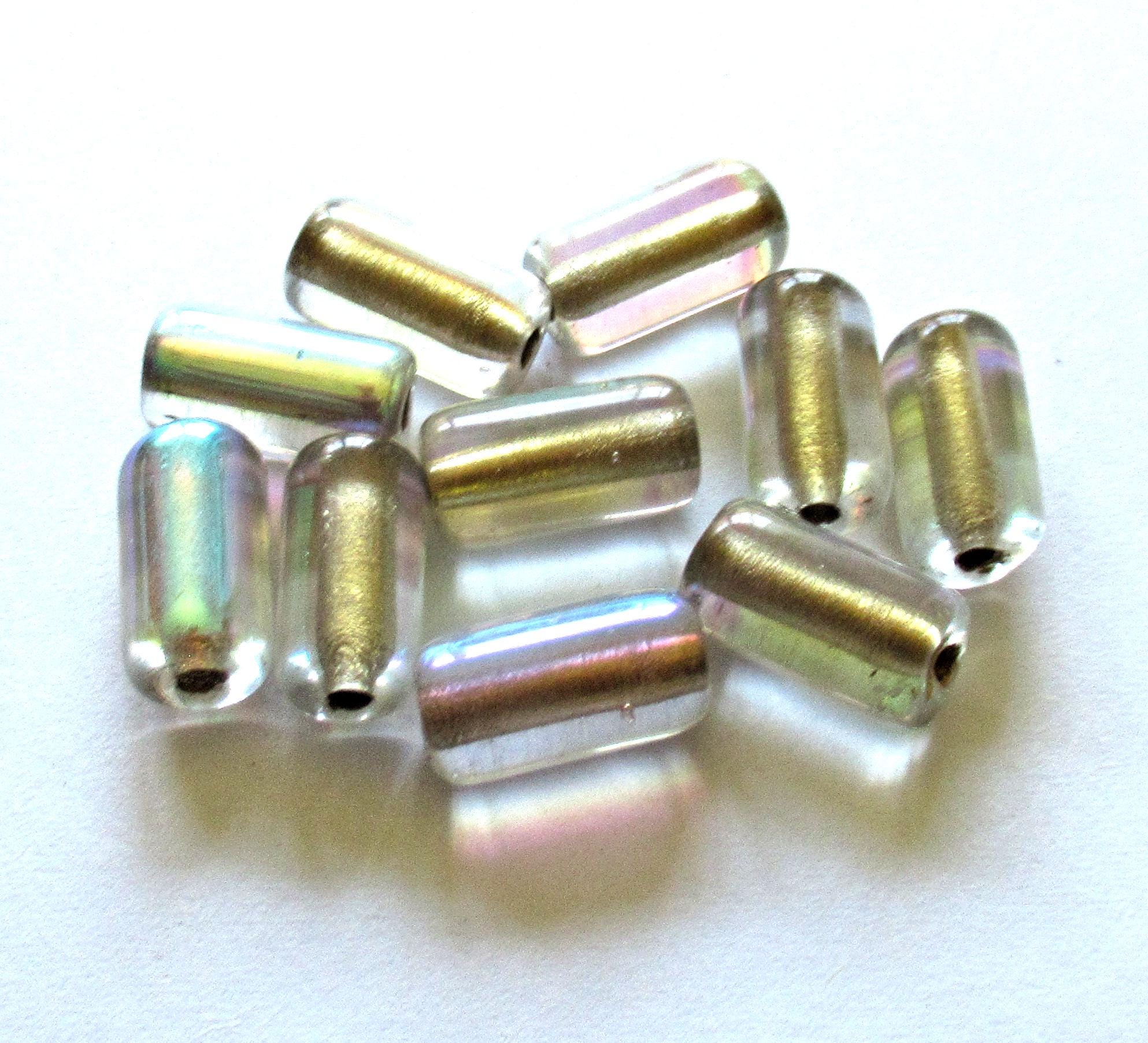 Ten Czech glass tube beads - crystal clear AB w/ gold lining - big 2mm holes - 7 x 14mm - C00081