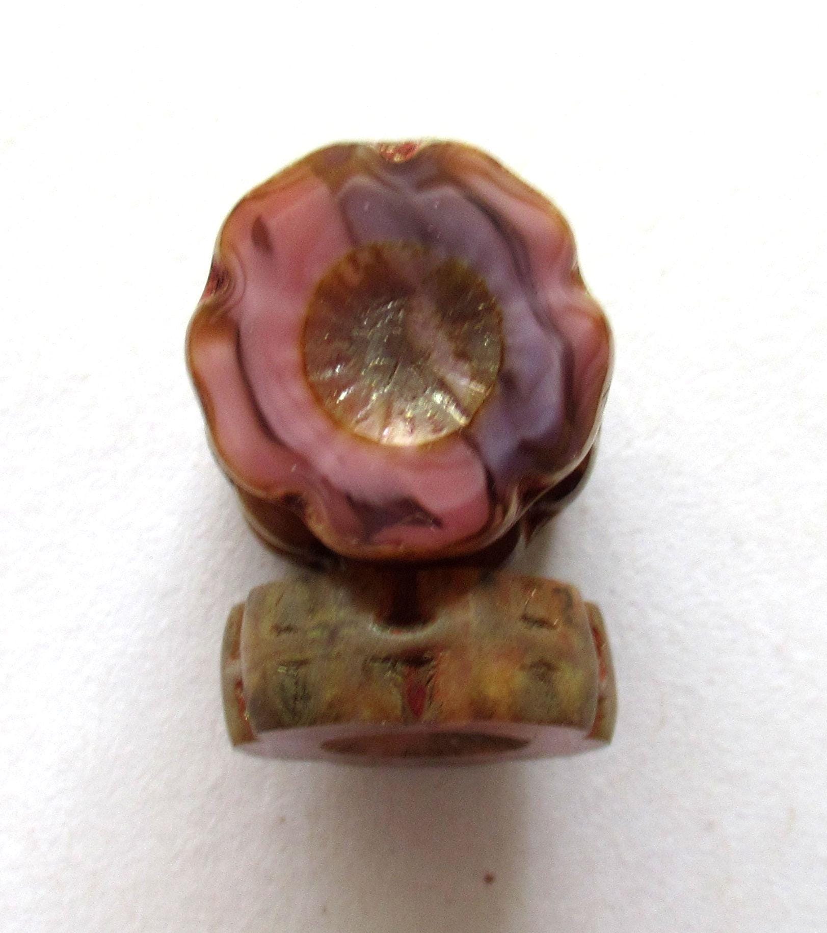 Six 14mm Czech glass flower beads - opaque marbled pink &, purple picasso - table cut - carved - Hawaiian hibiscus flower beads - C00661