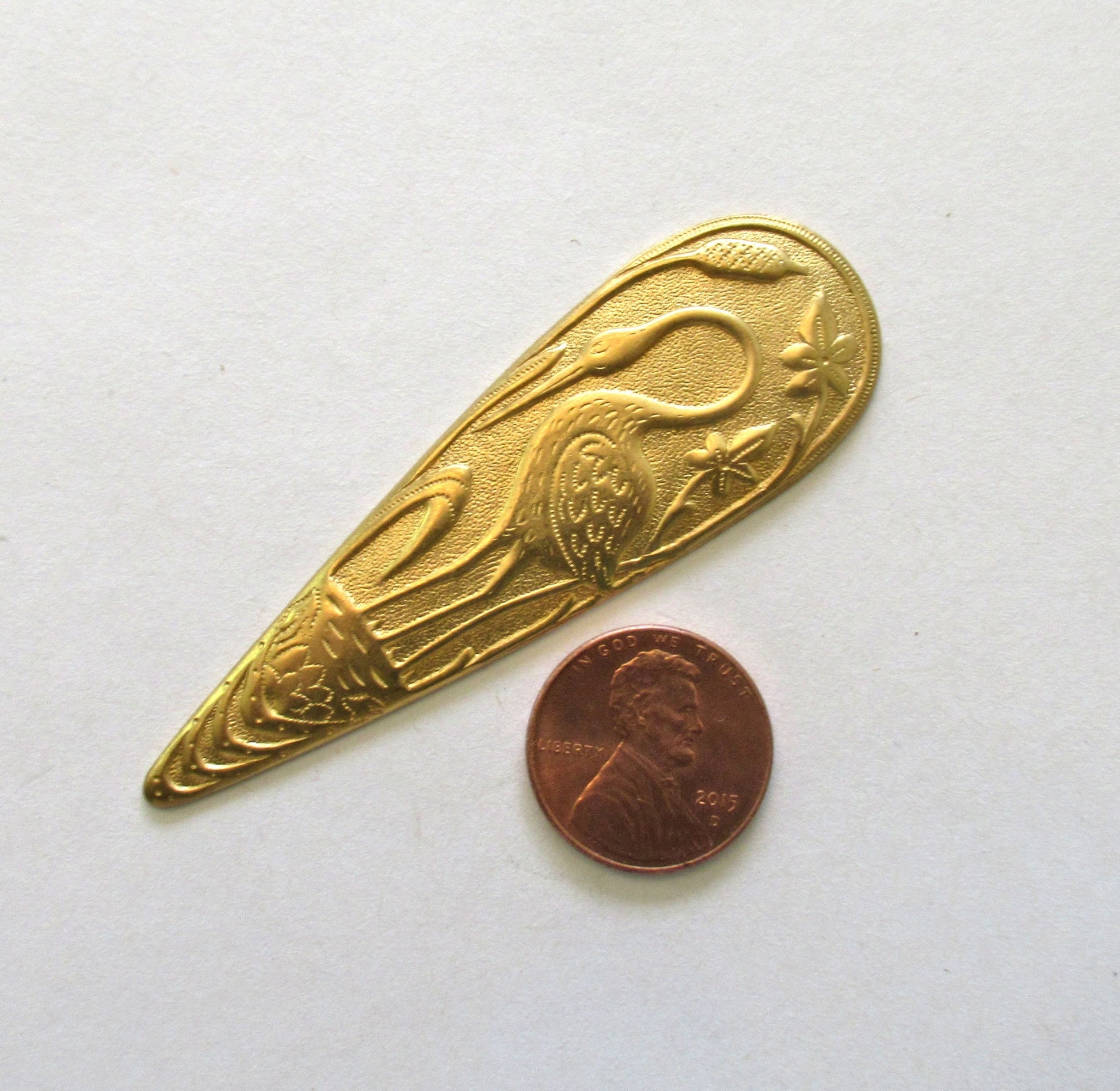 1 art deco / nouveau bird brass stamping - oval with stork pendant - connector - earring - 2.75" by .87" inches- made in the USA C0088 - Glorious Glass Beads