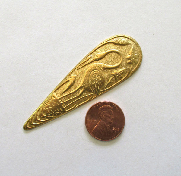 1 art deco / nouveau bird brass stamping - oval with stork pendant - connector - earring - 2.75" by .87" inches- made in the USA C0088