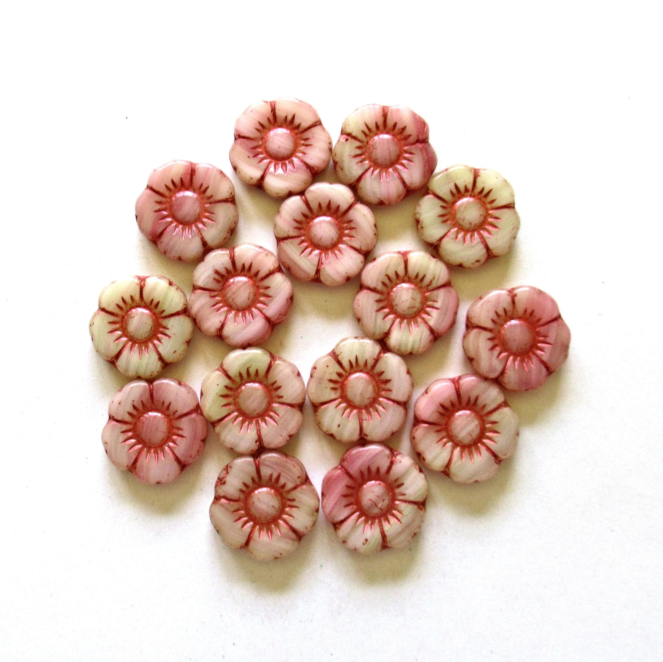 4 large Czech glass flower beads -marbled off white & pink w/ a pink wash - 18mm - 00031