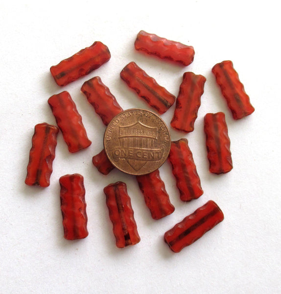 Czech glass rectangle tube beads - translucent red beads with serrated edges - long flat table cut beads - 17 x 7mm - 15 pieces - C00051