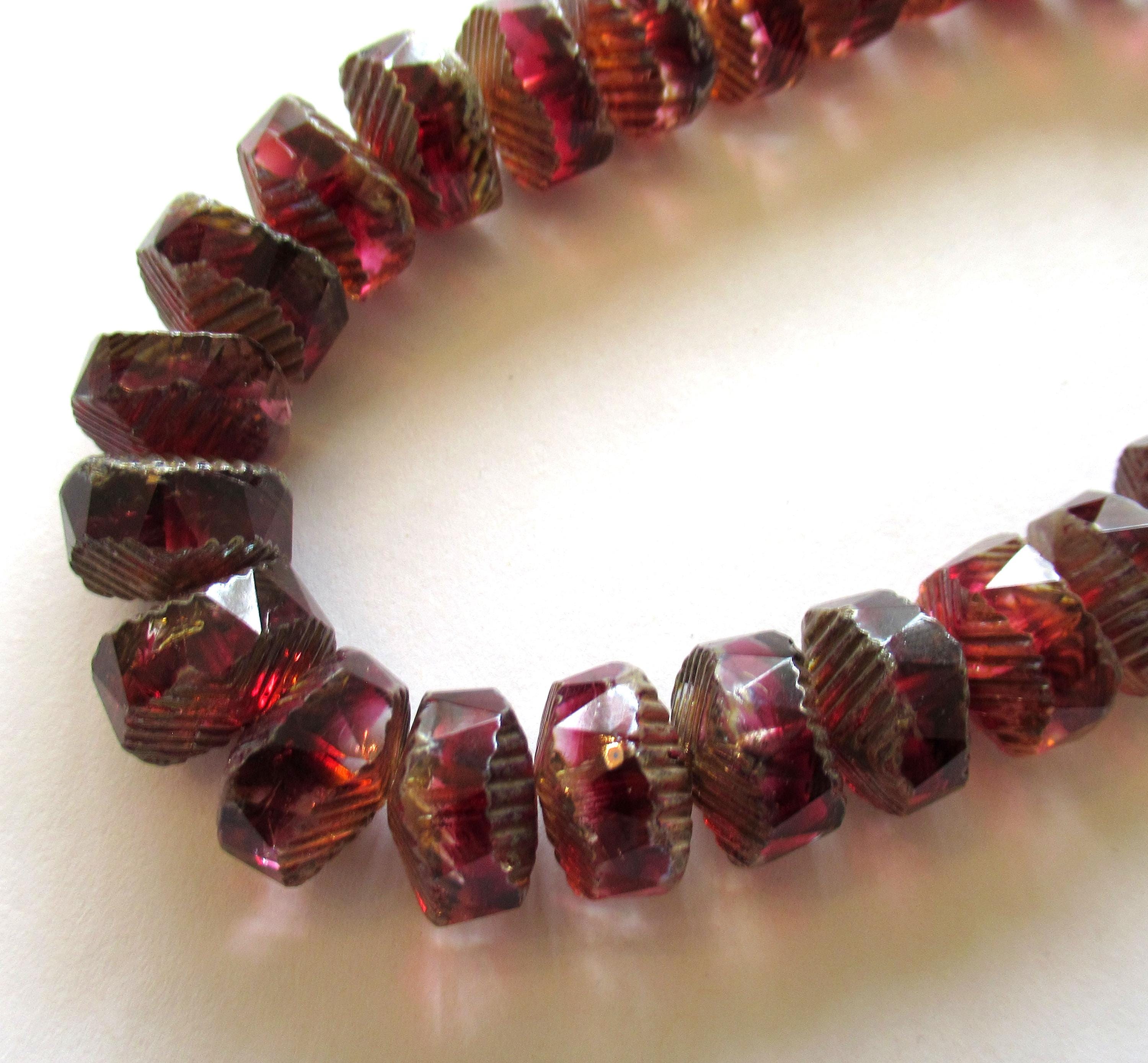 6 Czech glass faceted wavy rondelle beads - large 14 x 6mm deep raspberry pink & crystal chunky statement or focal beads - C00991