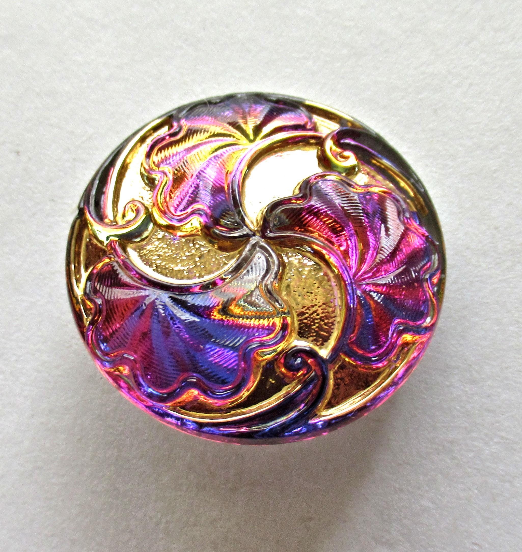 One 27mm iridescent Czech glass button - pink orange and purple w/ gold accents - art nouveau stylized leaves decorative shank button 000833