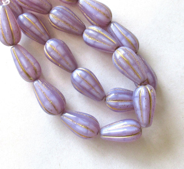 Ten Czech glass teardrop melon beads - silky lavender purple lilac opal w/ gold accents - 15 x 8mm tear drops 00851