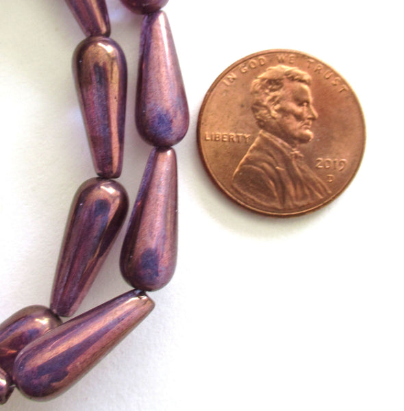Ten Czech glass teardrop beads - amethyst / purple with a bronze finish - 6 x 15mm elongated tear drops 00311