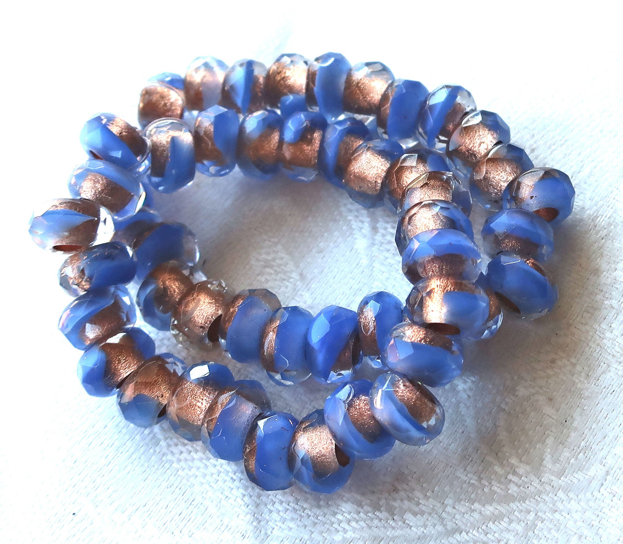 Ten Czech glass roller beads, 9mm x 6mm periwinkle blue & crystal, copper lined, faceted roller, rondelle beads, big 3.5mm hole beads C02110